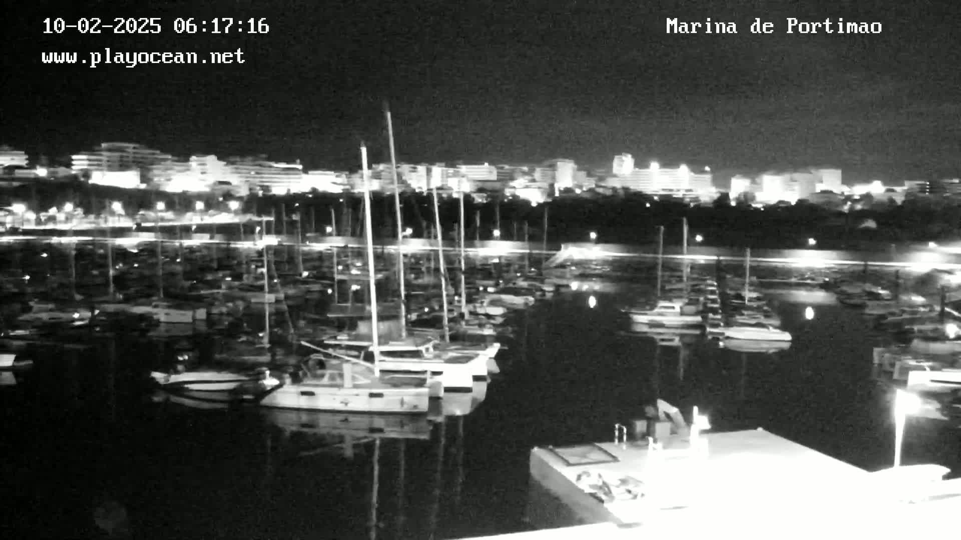 A nighttime view of a marina filled with sailboats and yachts, with a city skyline illuminated in the background under a clear sky.