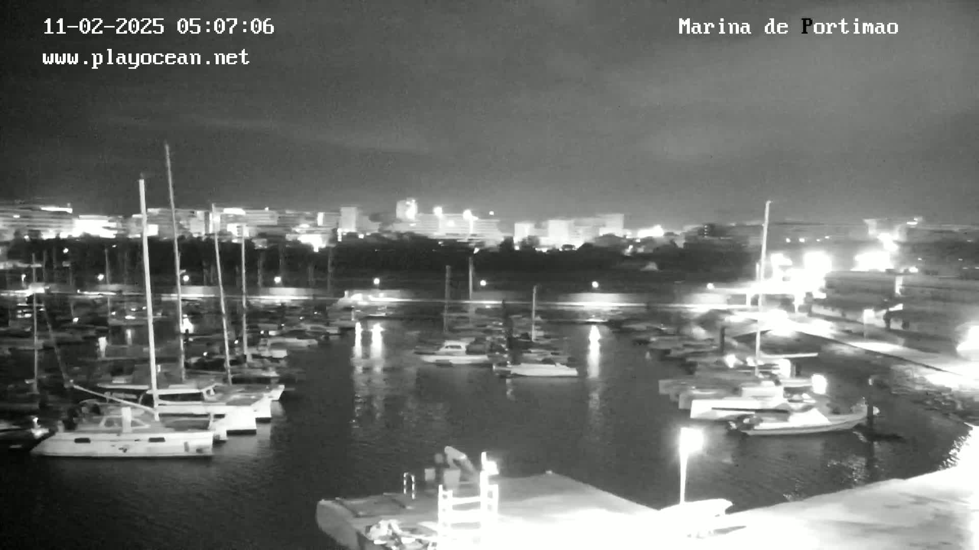 A nighttime, black-and-white view of a marina filled with boats, with a city skyline visible in the background.