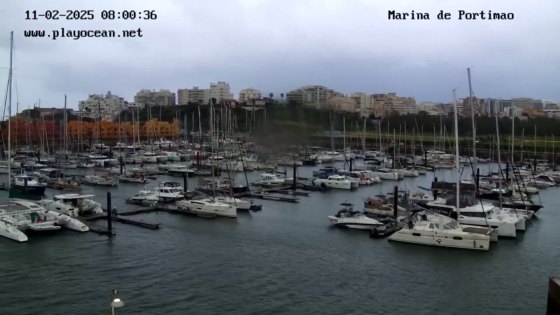 Many sailboats and motorboats are docked in a marina on a cloudy day.