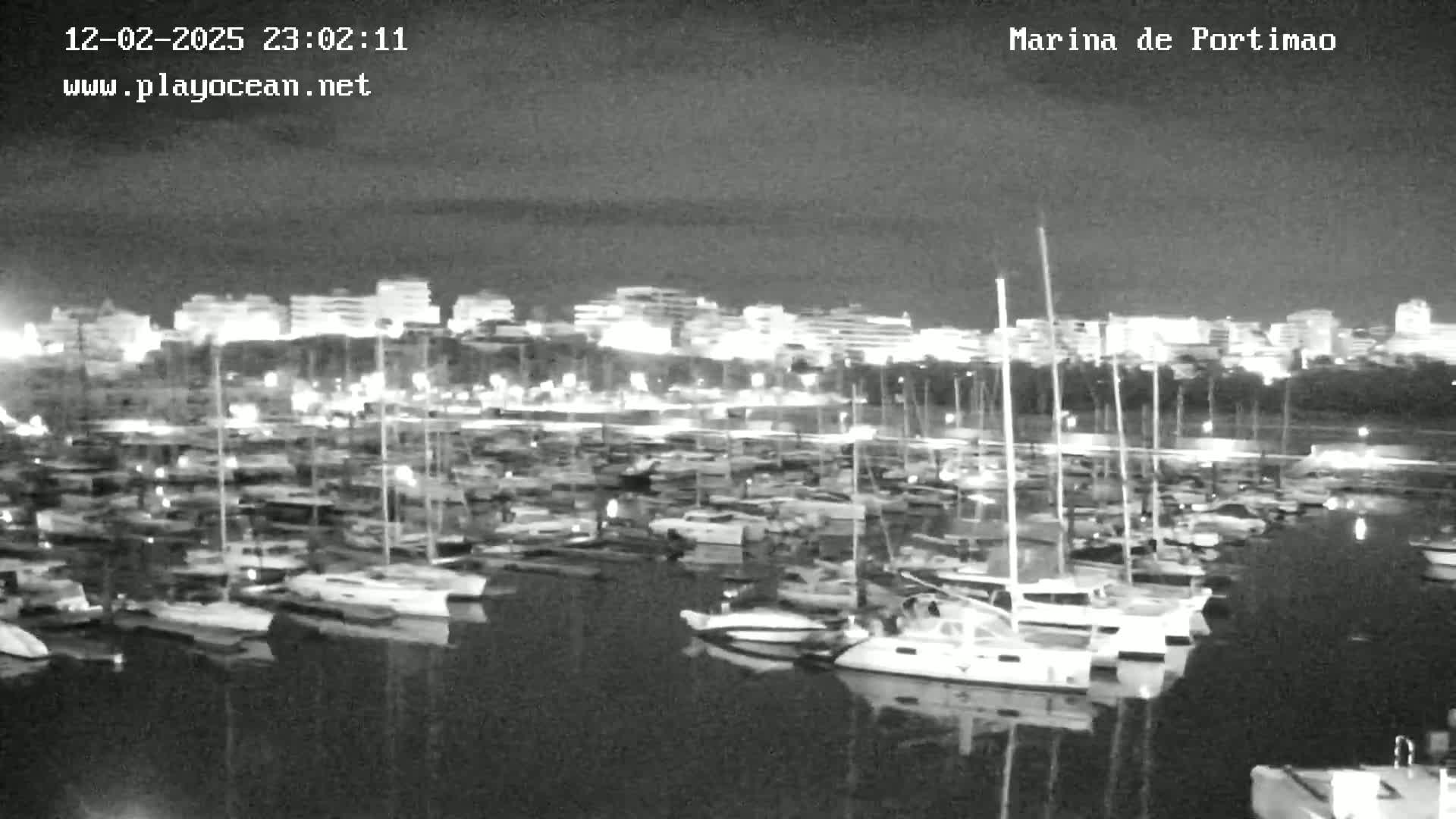 A nighttime, black and white view of a marina filled with numerous boats and yachts, with a city skyline illuminated in the background.