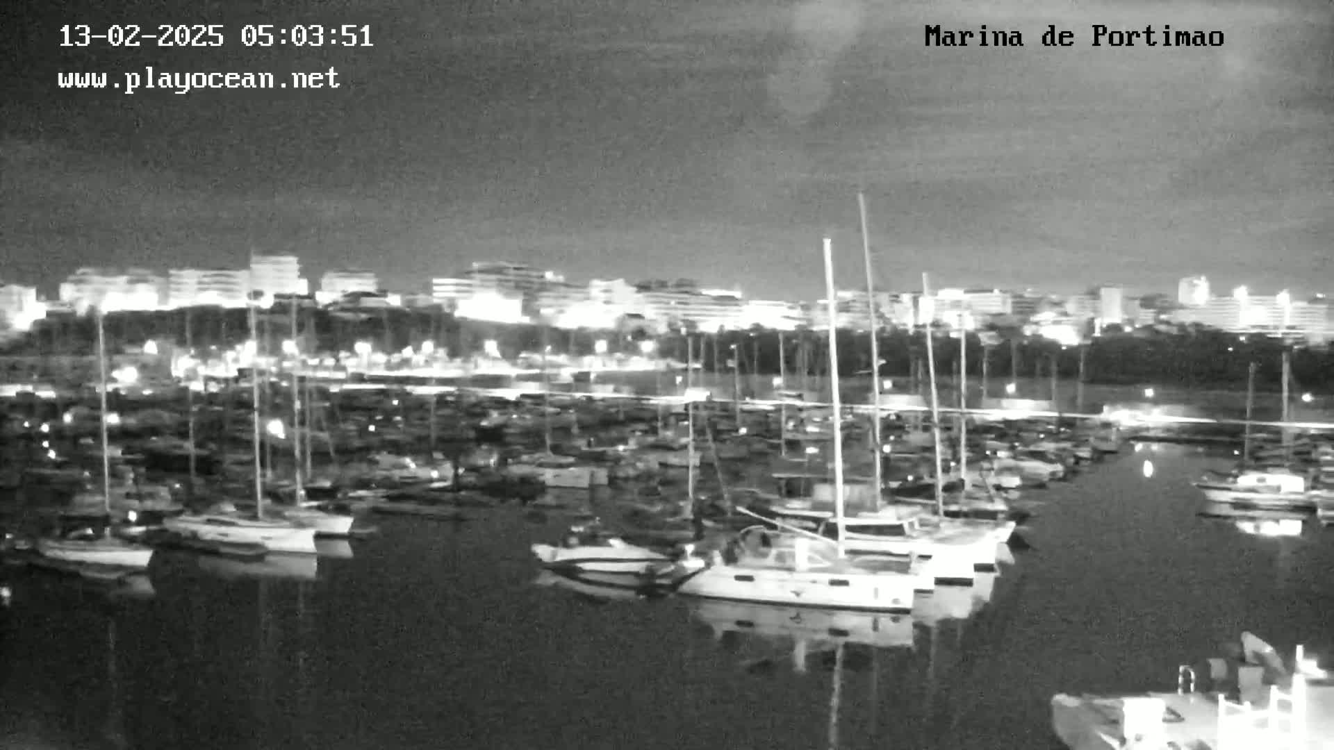 A nighttime view of a marina filled with numerous boats, under a mostly clear sky, with city lights visible in the background.