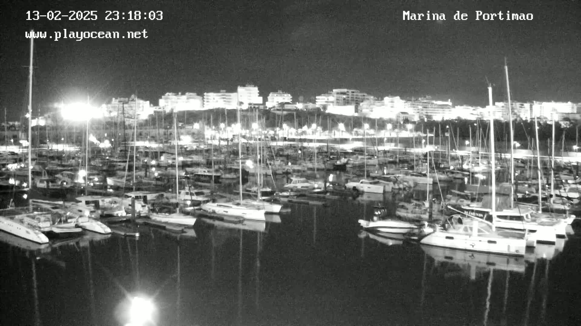A nighttime, black and white view of a marina filled with numerous boats docked along a shoreline, with buildings and lights visible in the background.