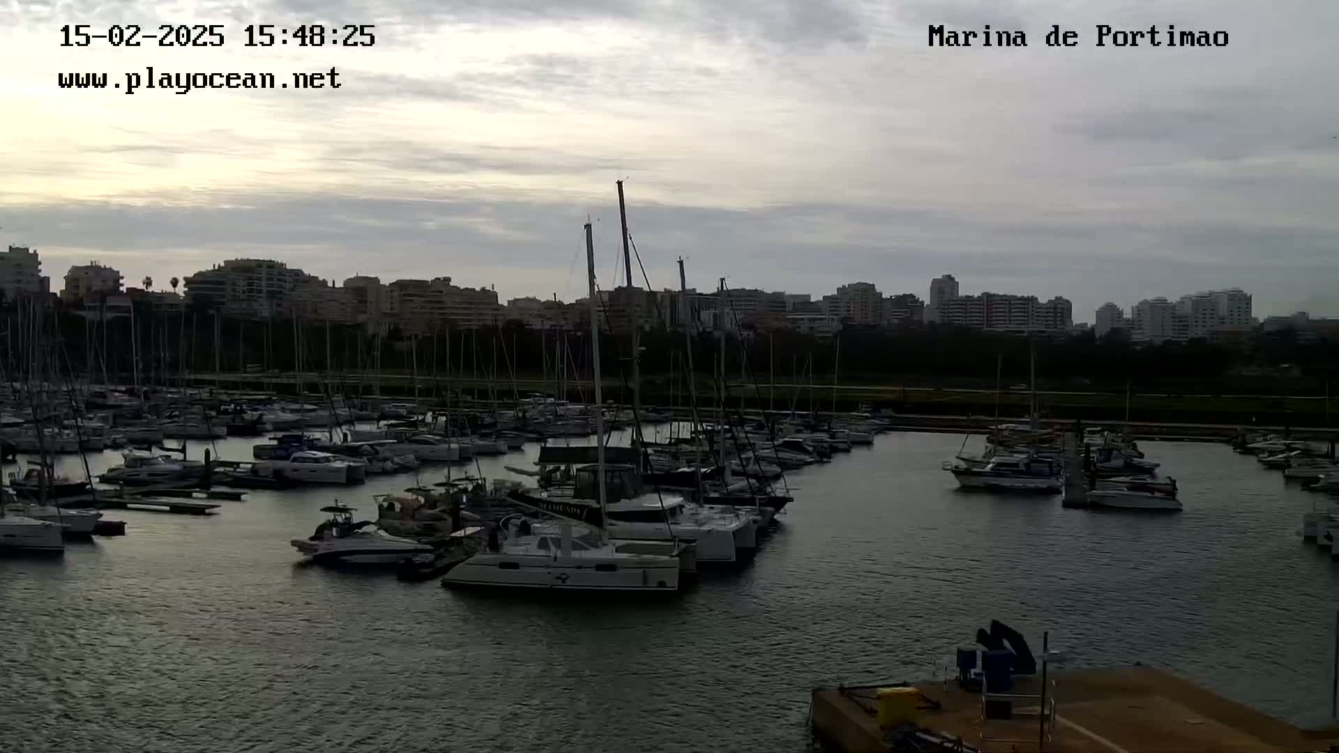 Many sailboats and motorboats are docked in a marina under an overcast sky.