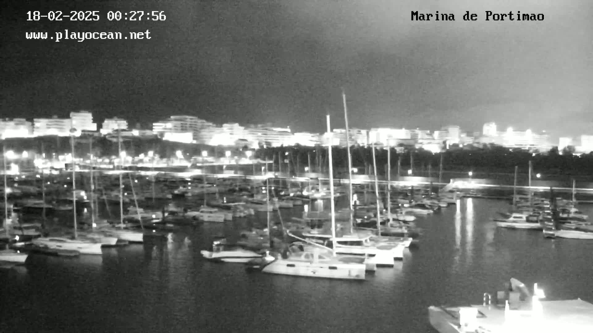 A nighttime, black and white view of a marina filled with sailboats and motorboats, with a city's lights visible in the background.