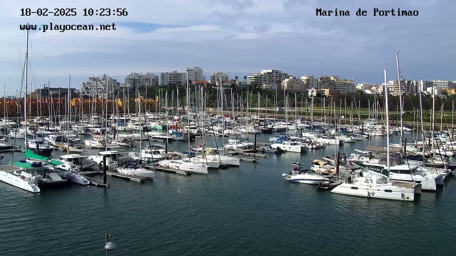 A marina filled with numerous sailboats and motorboats is seen under a partly cloudy sky.