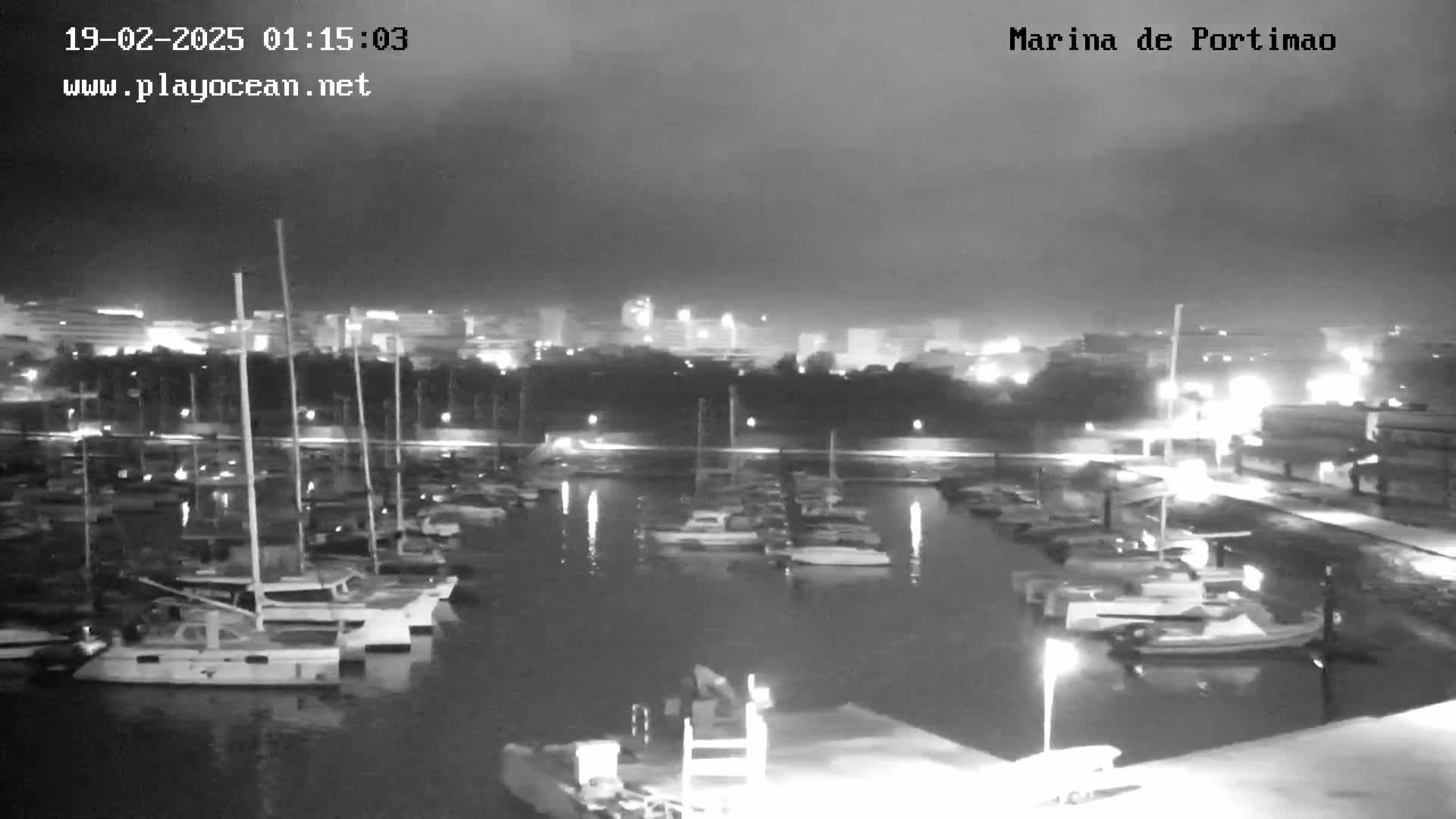 A nighttime, overcast view of a marina filled with sailboats and motorboats, with a city skyline visible in the background.