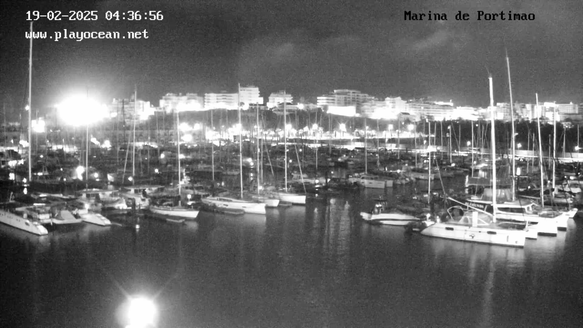 A nighttime view of a marina filled with numerous boats and yachts, illuminated by lights from the surrounding buildings.