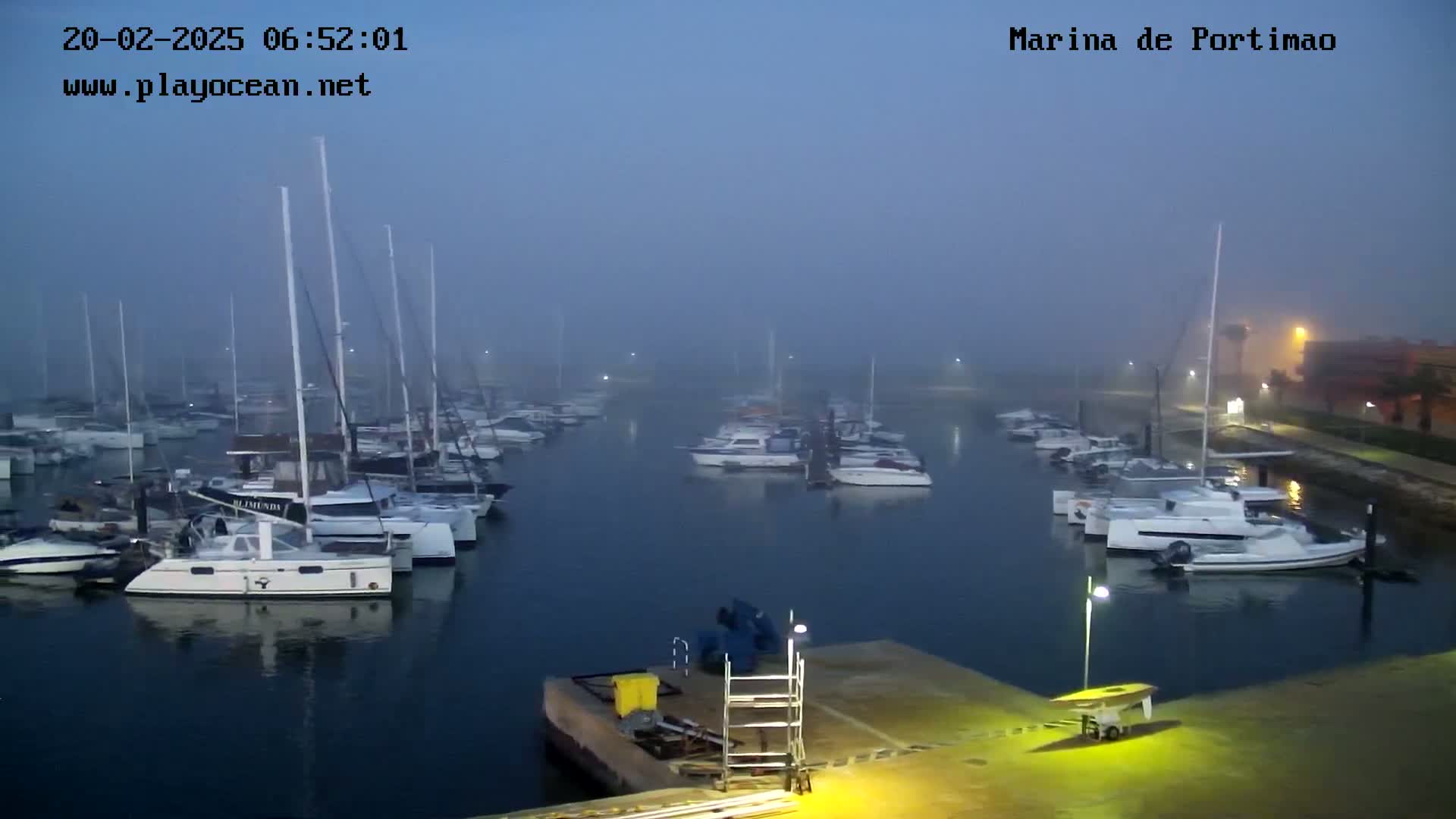 A marina filled with numerous boats and yachts is shrouded in a thick fog at dawn.