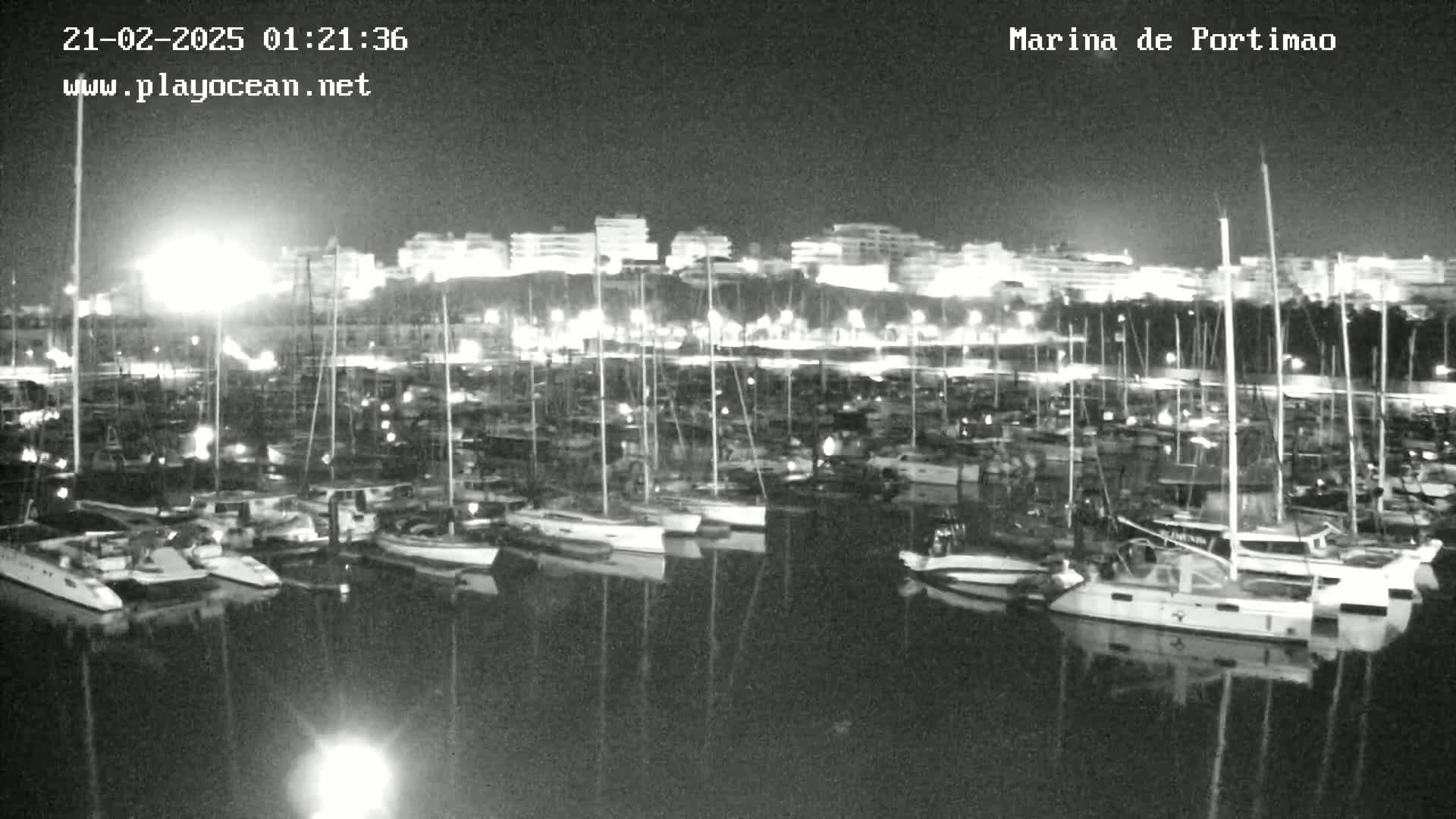 A nighttime, black and white view of a marina filled with boats, docked alongside a shoreline with buildings lit up behind it.
