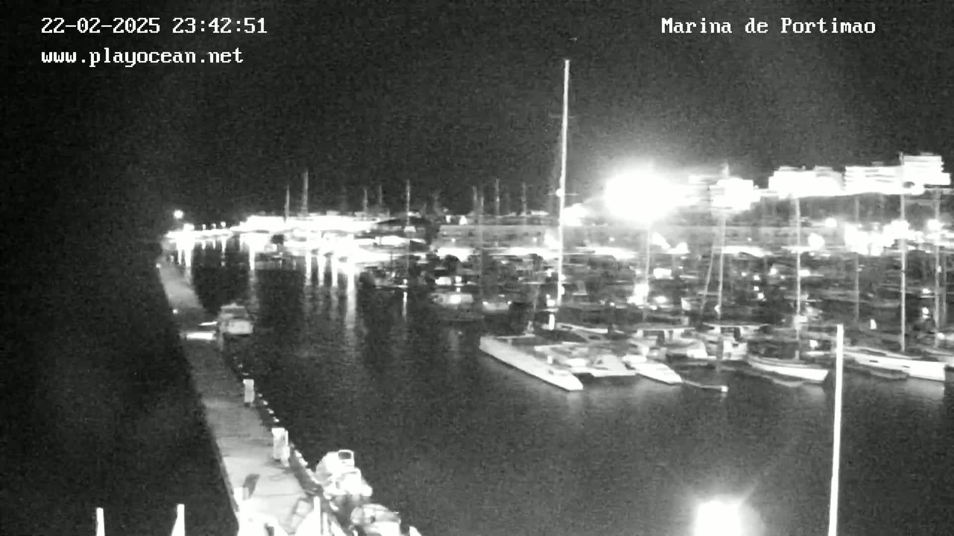 A nighttime, black and white view of a marina filled with boats docked along a pier.
