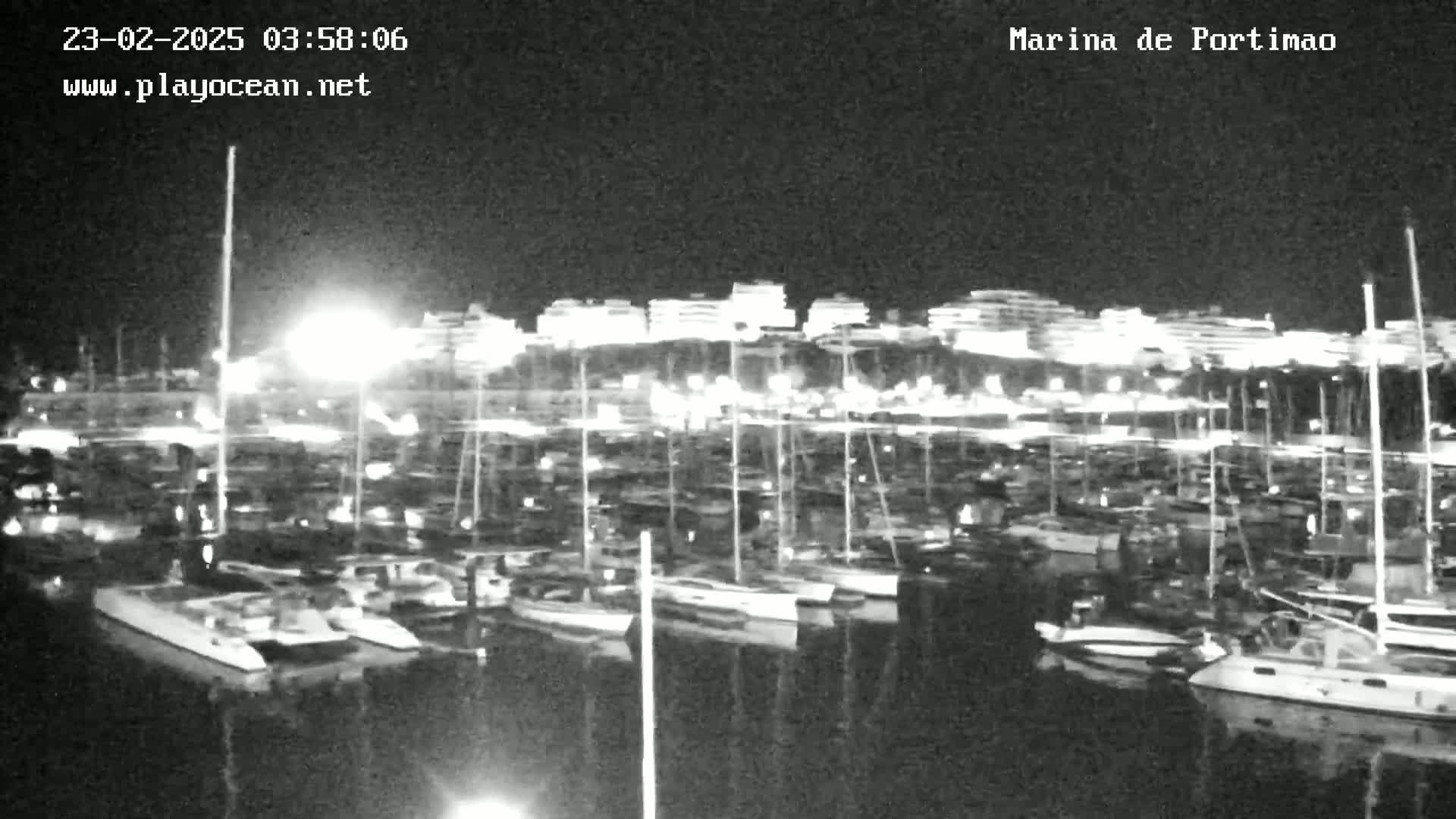 A nighttime, low-light view of a marina filled with numerous boats docked alongside a brightly lit shoreline.