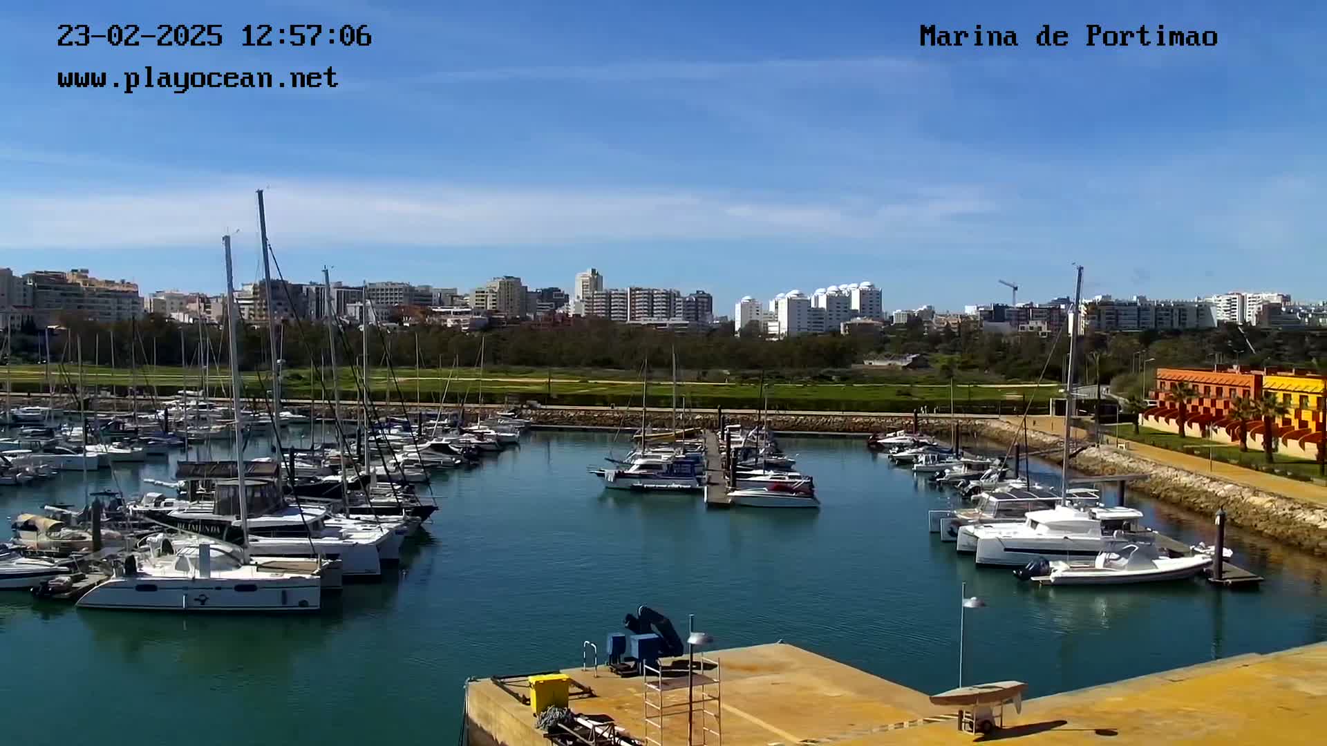 A marina filled with numerous boats and yachts is situated under a clear blue sky next to a city skyline.