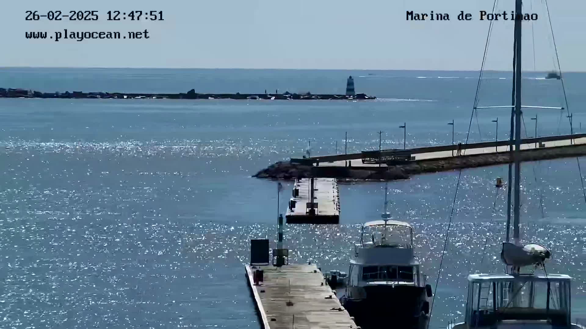 A marina with calm, sunlit water, boats docked at piers, and a walkway along a breakwater.