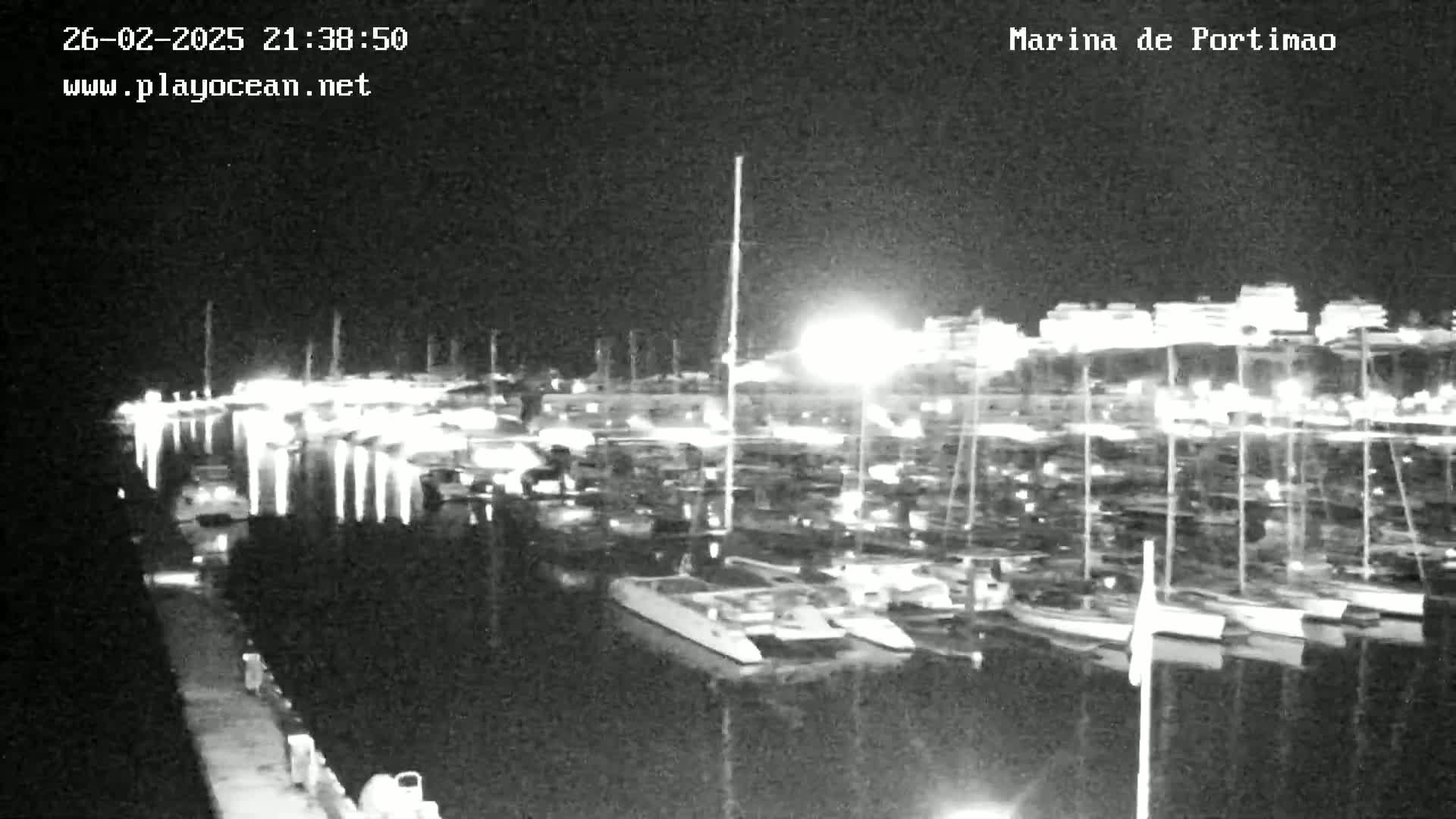 A nighttime view of a marina filled with docked boats under a clear sky.