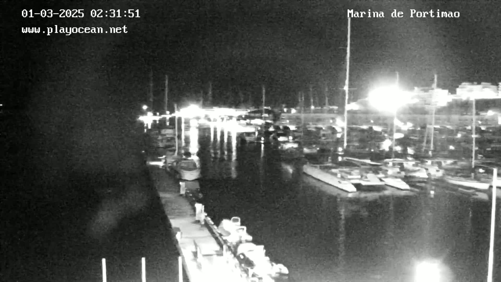 A nighttime, black and white view of a marina filled with docked boats and yachts under a clear sky.