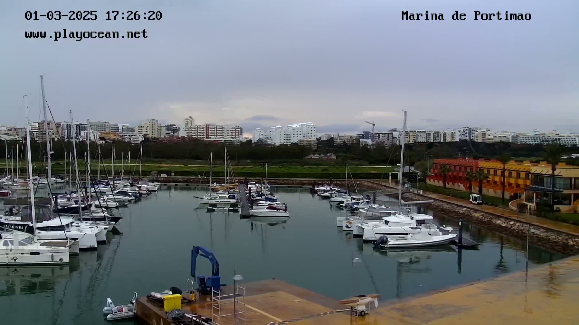 Many boats are docked in a marina on a cloudy day, with buildings and green space visible in the background.
