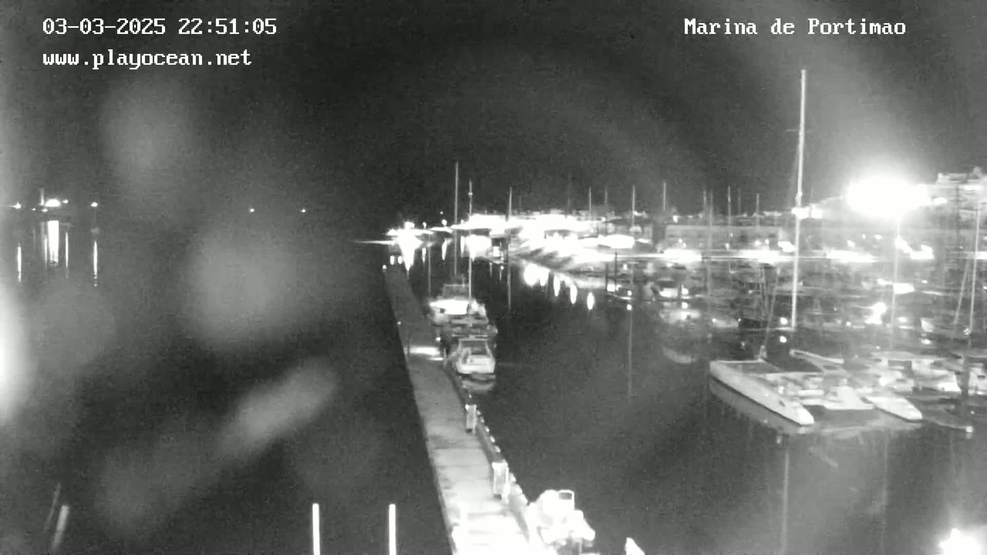 A nighttime, black and white view of a marina filled with numerous boats docked along a calm body of water.