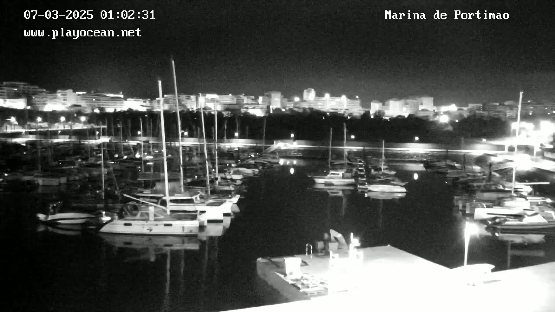 A nighttime, black and white view of a marina filled with sailboats and motorboats, with a city skyline illuminated in the background.