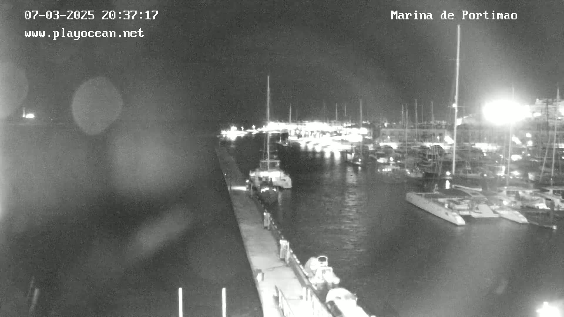 A nighttime view of a marina filled with boats, docked along a pier under a clear, dark sky.