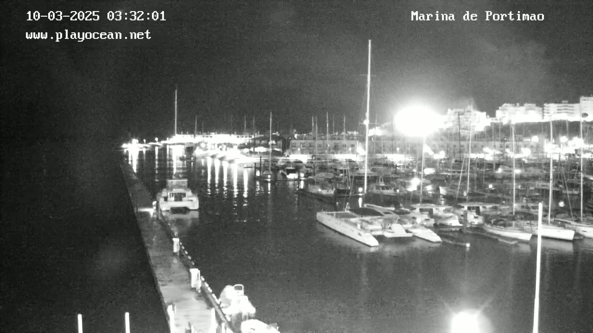 A nighttime, black-and-white view of a marina filled with boats and illuminated buildings.
