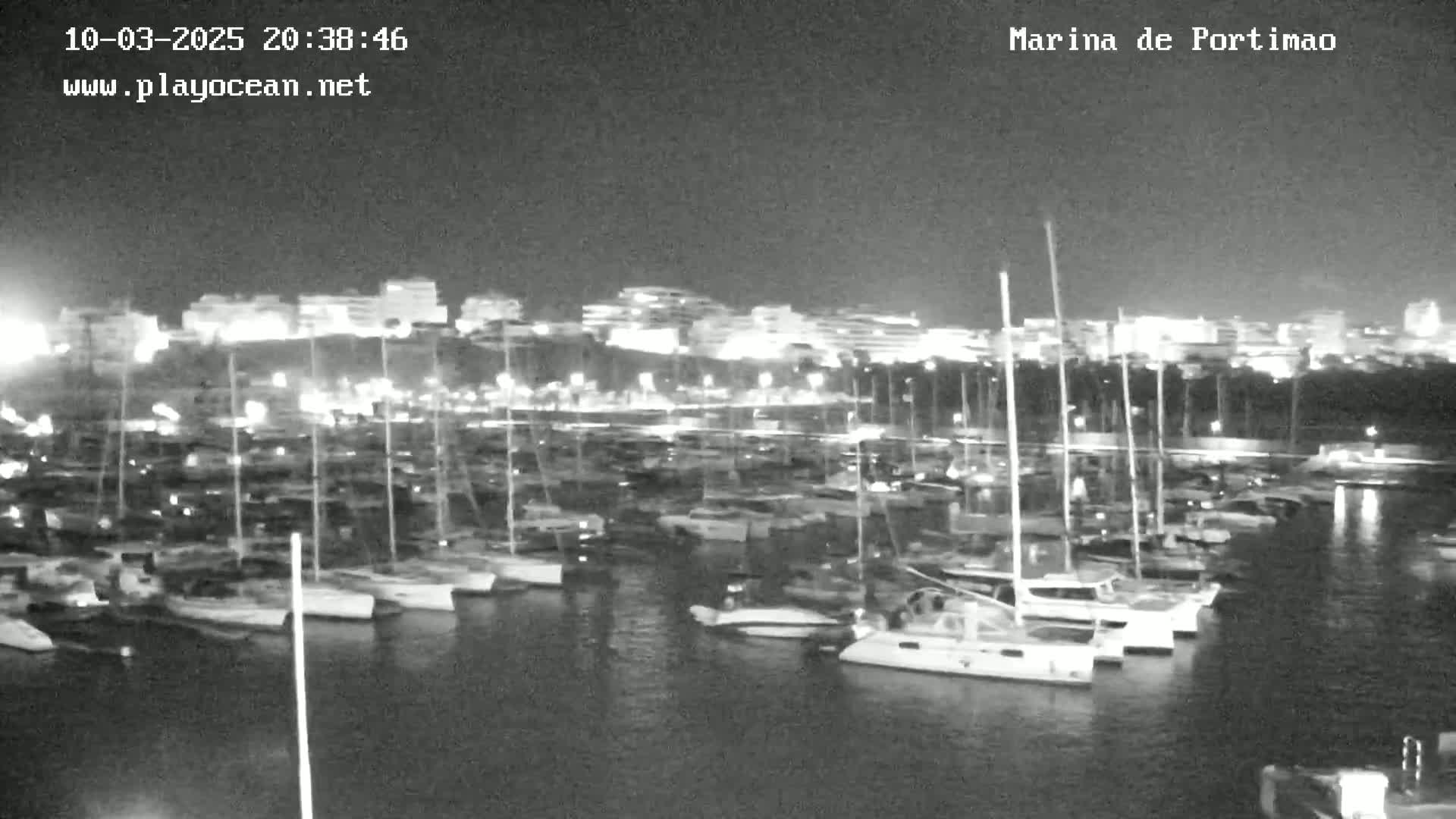 A nighttime view of a marina filled with numerous boats and yachts, under a clear sky, with a city skyline visible in the background.