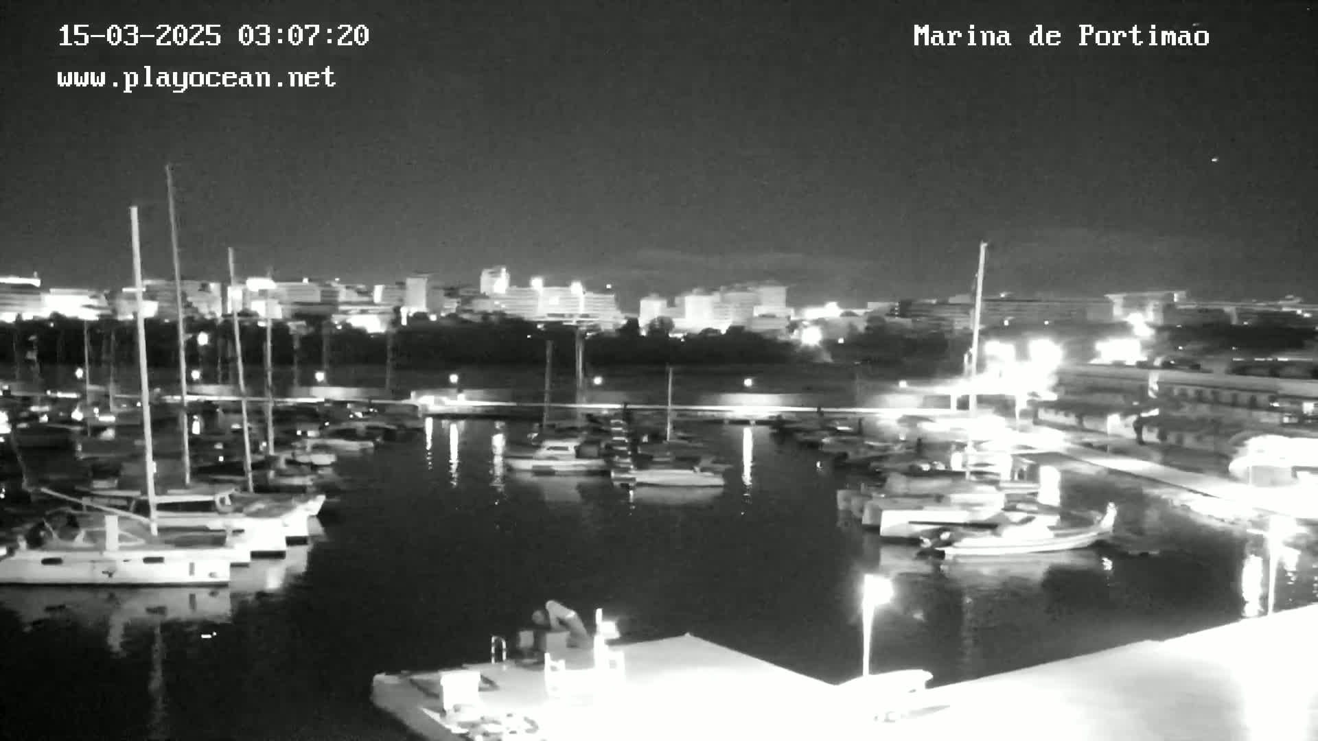 A nighttime, black-and-white view of a marina filled with boats, with a city skyline visible in the background.