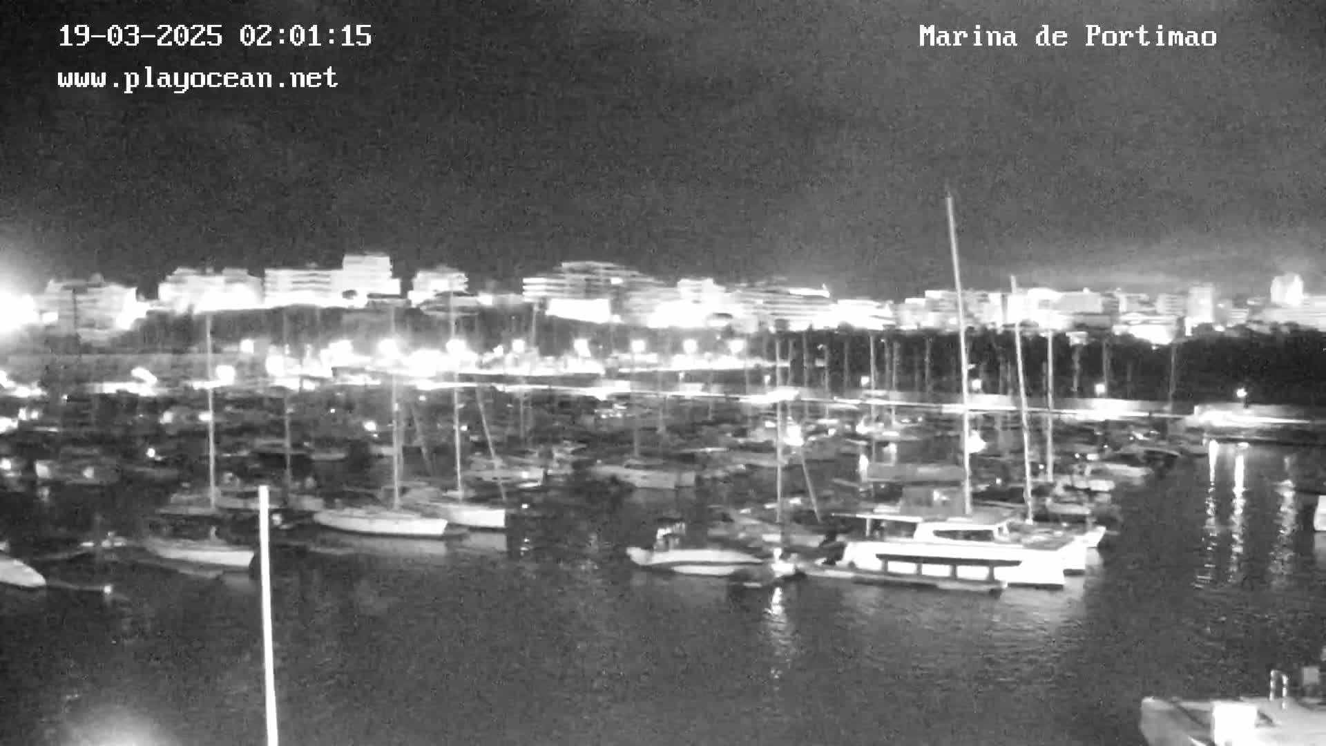 A nighttime, low-light view of a marina filled with numerous boats and yachts, with a city skyline illuminated in the background.