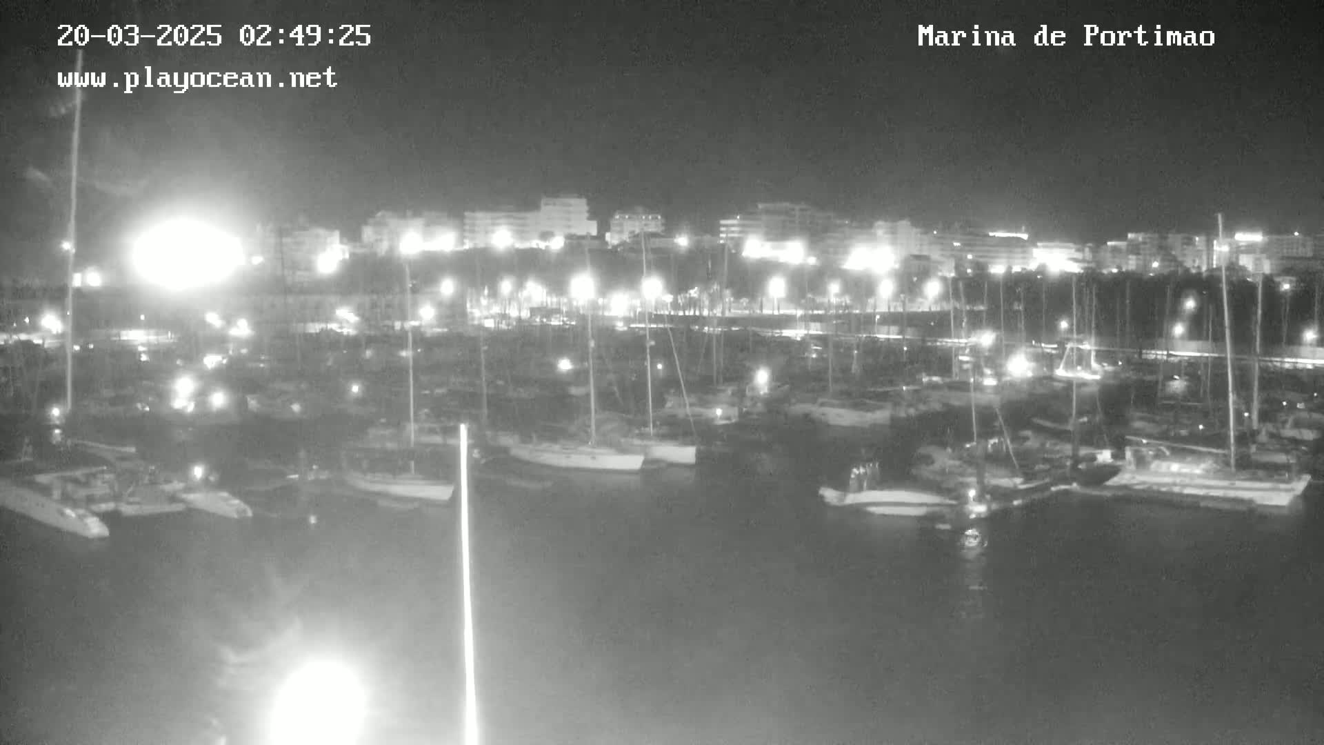 A nighttime, low-light view of a marina filled with numerous boats docked alongside a shoreline with buildings illuminated in the background.