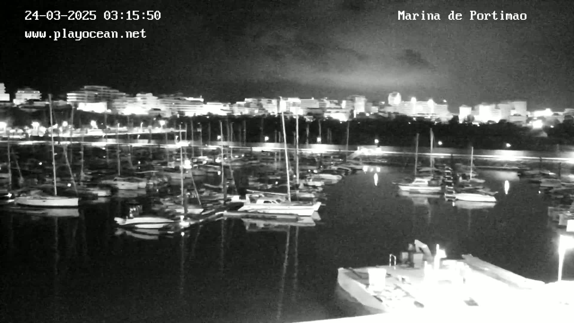 A nighttime, black-and-white view of a marina filled with numerous boats docked at the water's edge, under a partly cloudy sky, with a city's lights visible in the background.