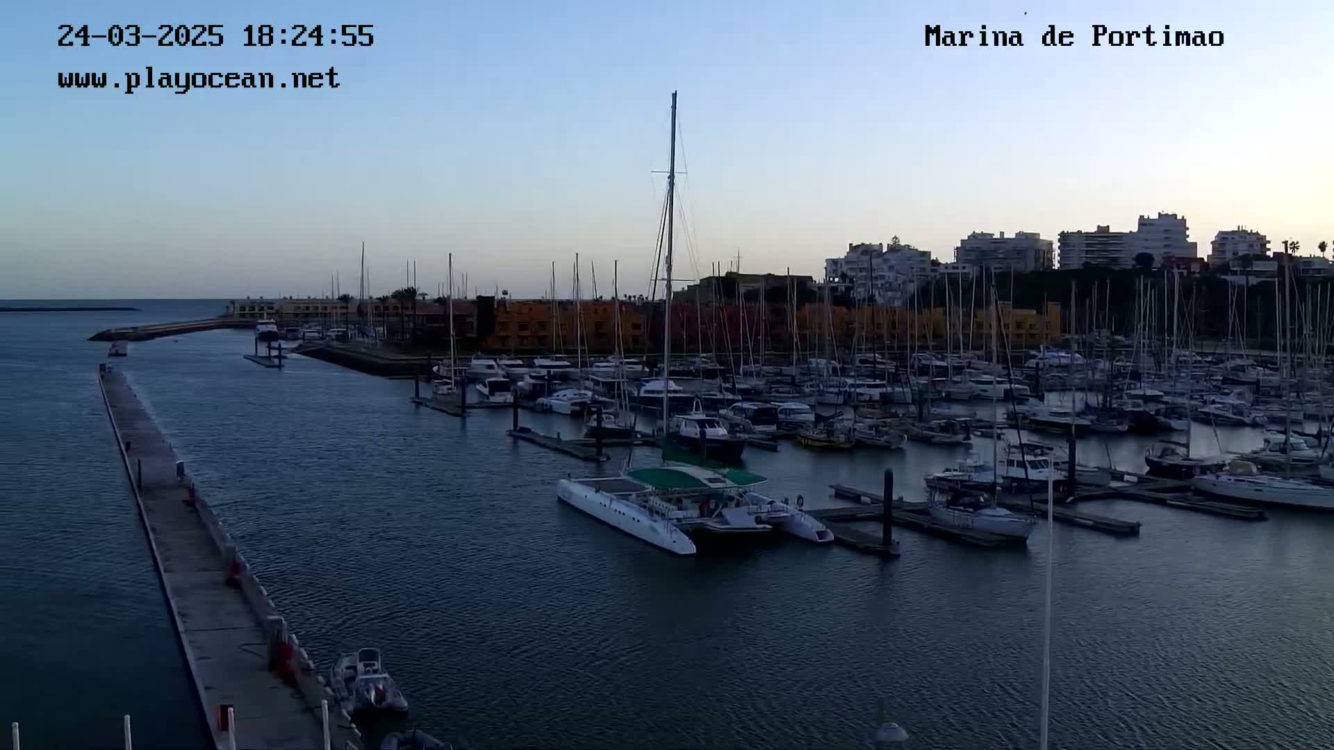 A marina filled with numerous sailboats and yachts is seen at dusk under a clear sky.