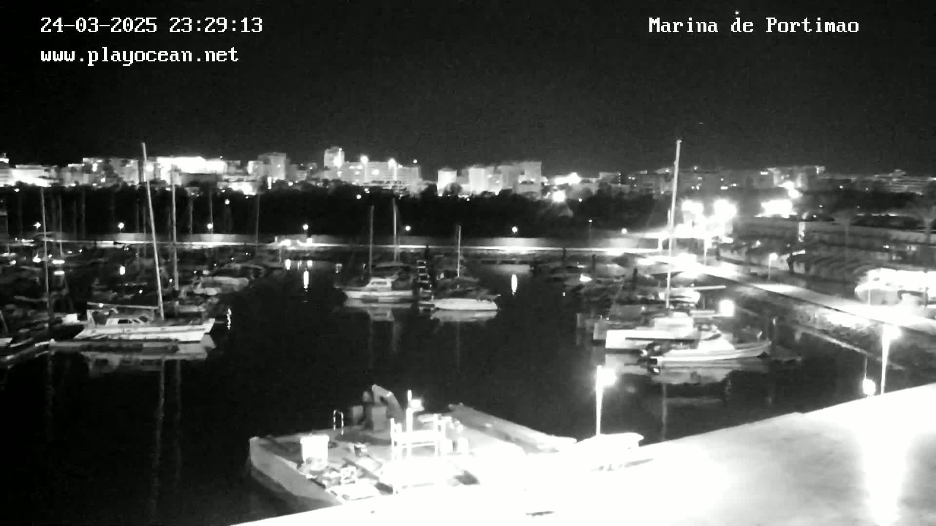 A nighttime, black and white view of a marina filled with boats, docked next to a city illuminated by lights.