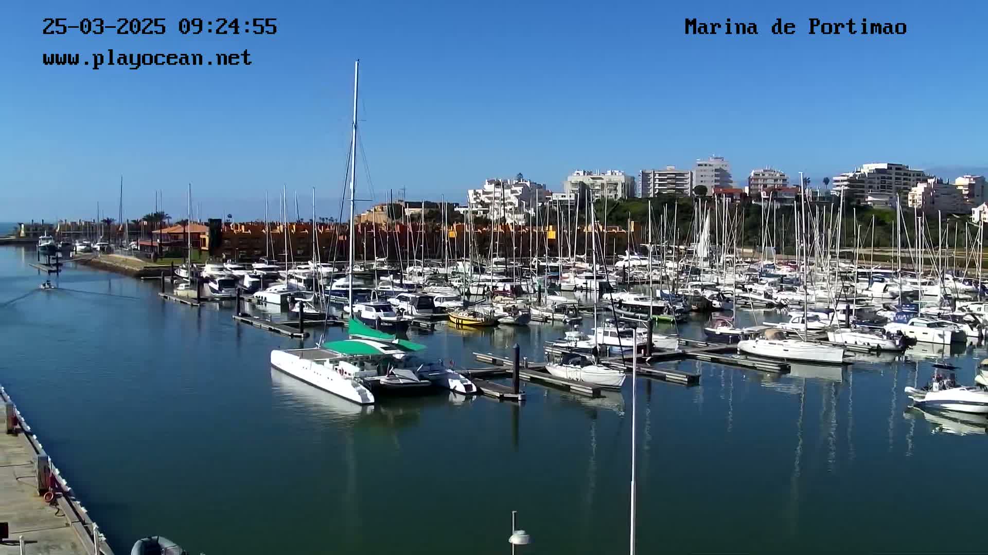 A marina filled with numerous boats and yachts is shown on a sunny day.