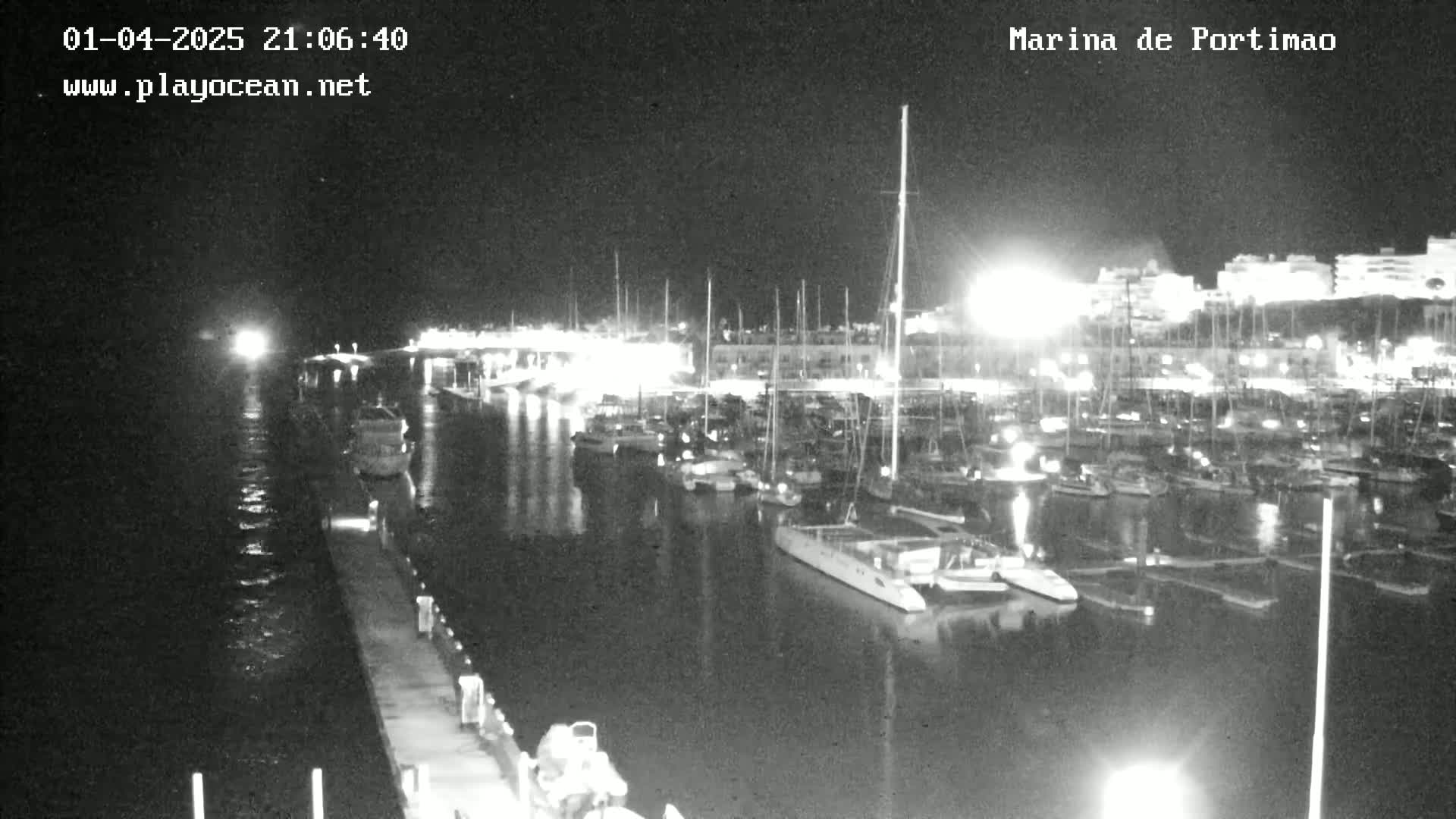 A nighttime, black and white view of a marina filled with boats and yachts, under a clear sky.