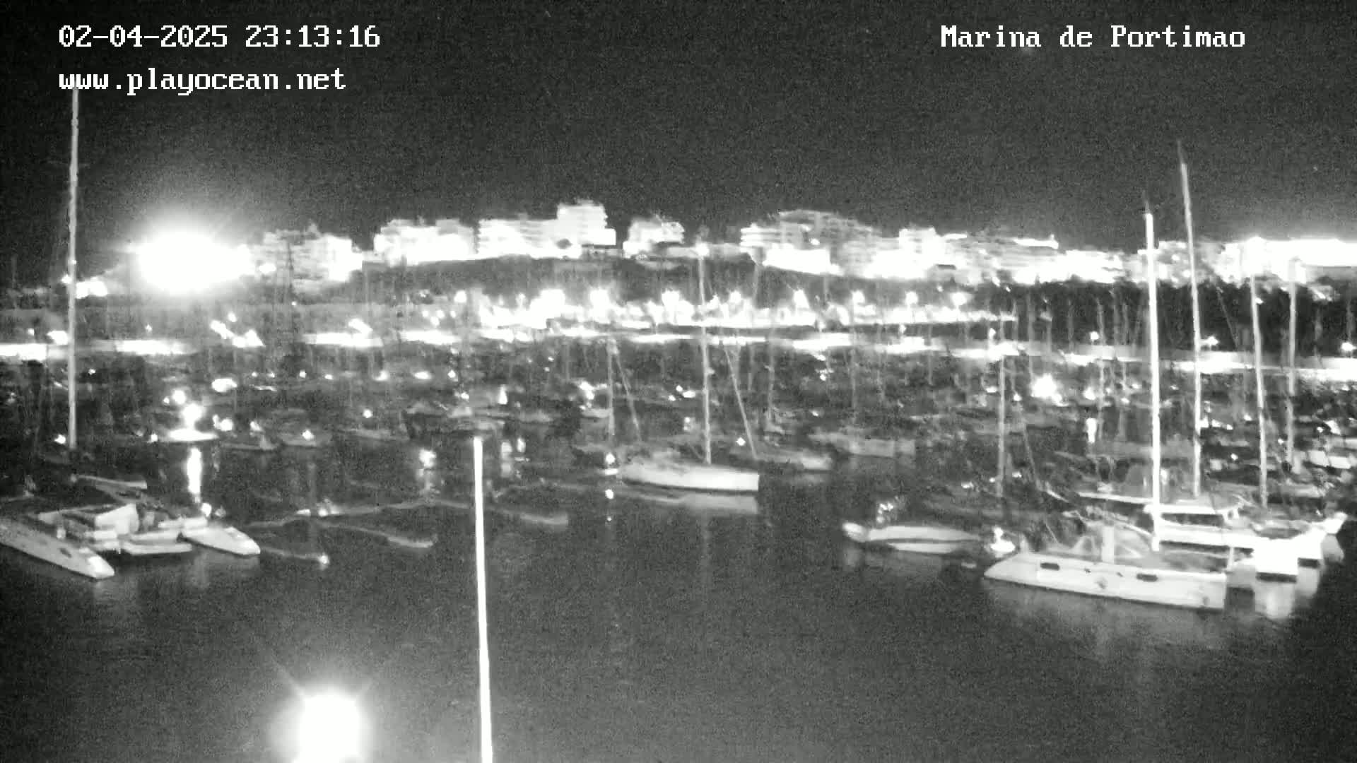 A nighttime, black-and-white view of a marina filled with numerous boats moored alongside a shoreline with buildings in the background.