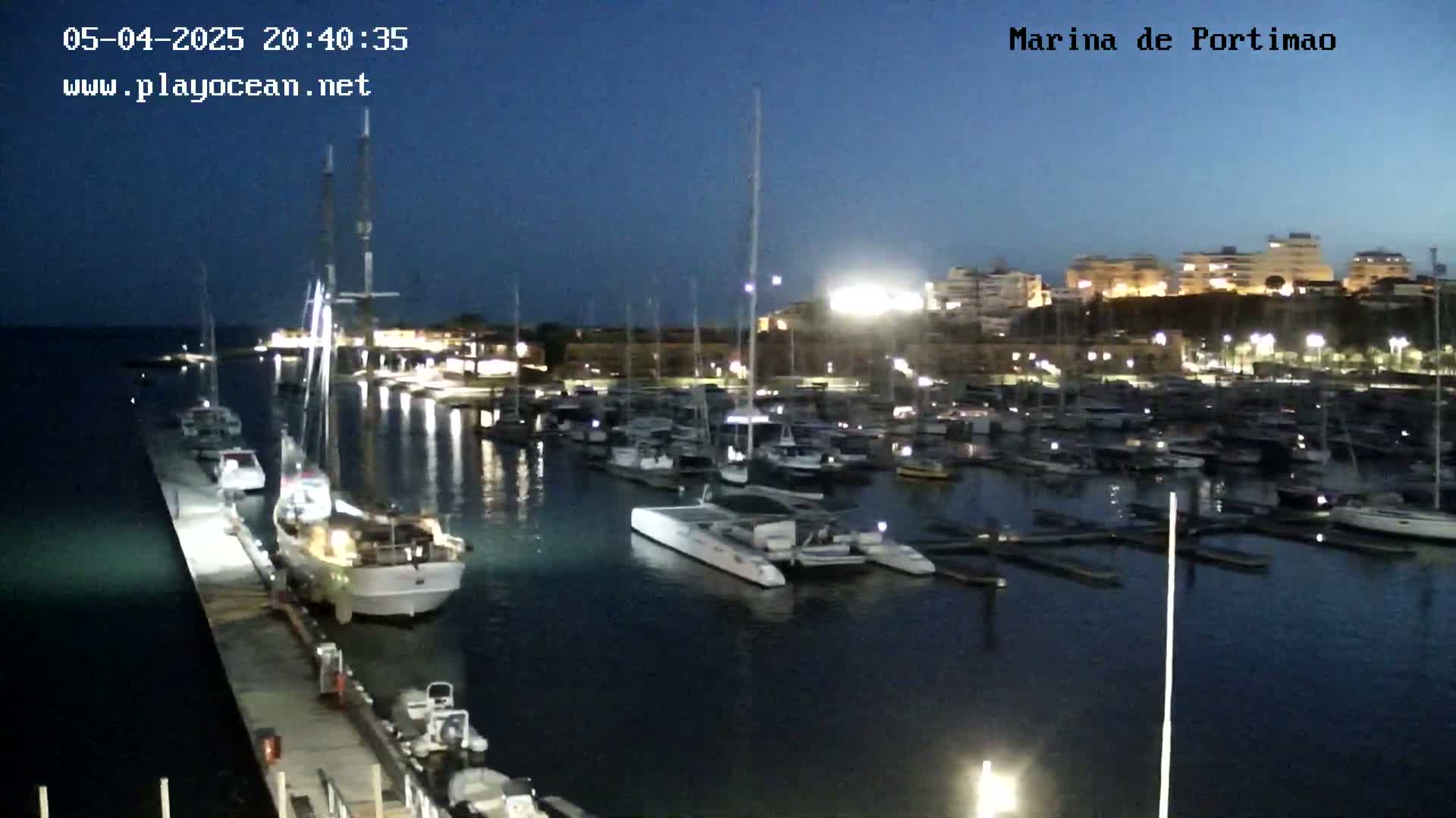 A marina filled with numerous boats and yachts at night under a dark sky.