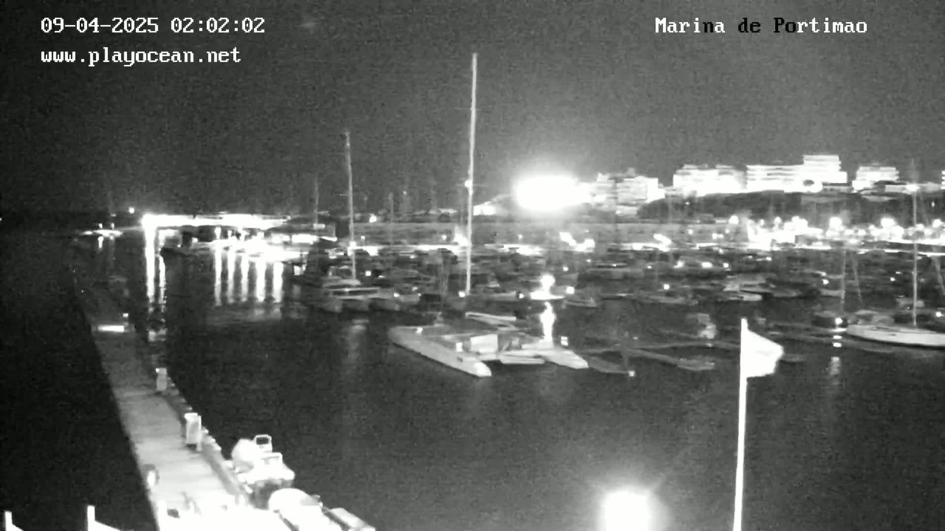 A nighttime view of a marina filled with boats, under a clear, dark sky.