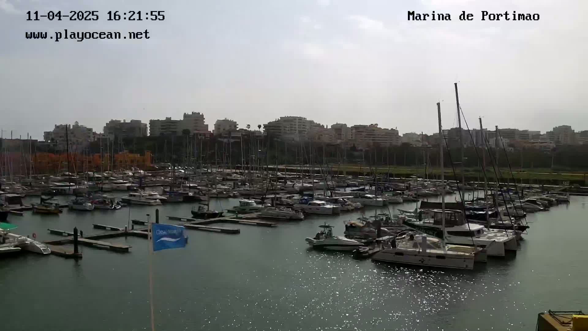 A marina filled with numerous boats and yachts is situated in front of a city skyline under an overcast sky.