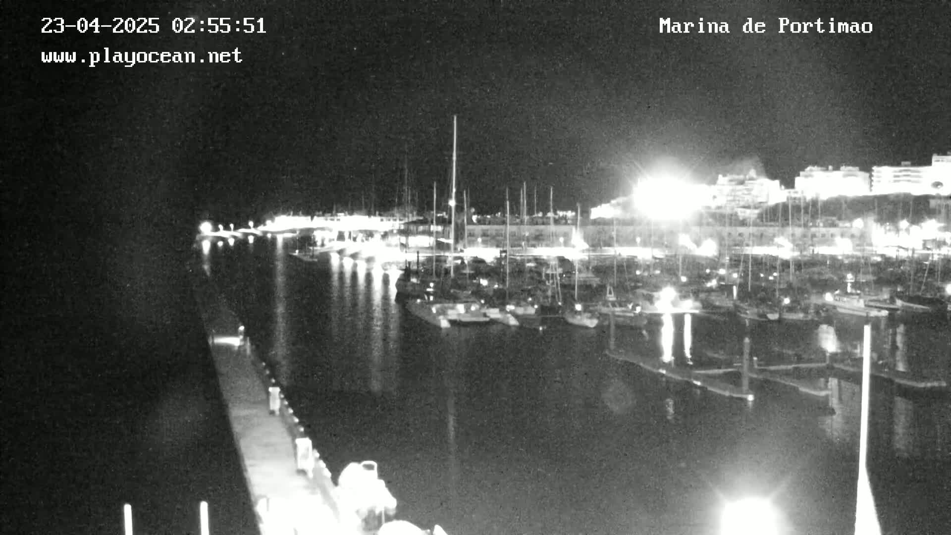A nighttime, black and white view of a marina filled with boats, illuminated by lights along a waterfront.