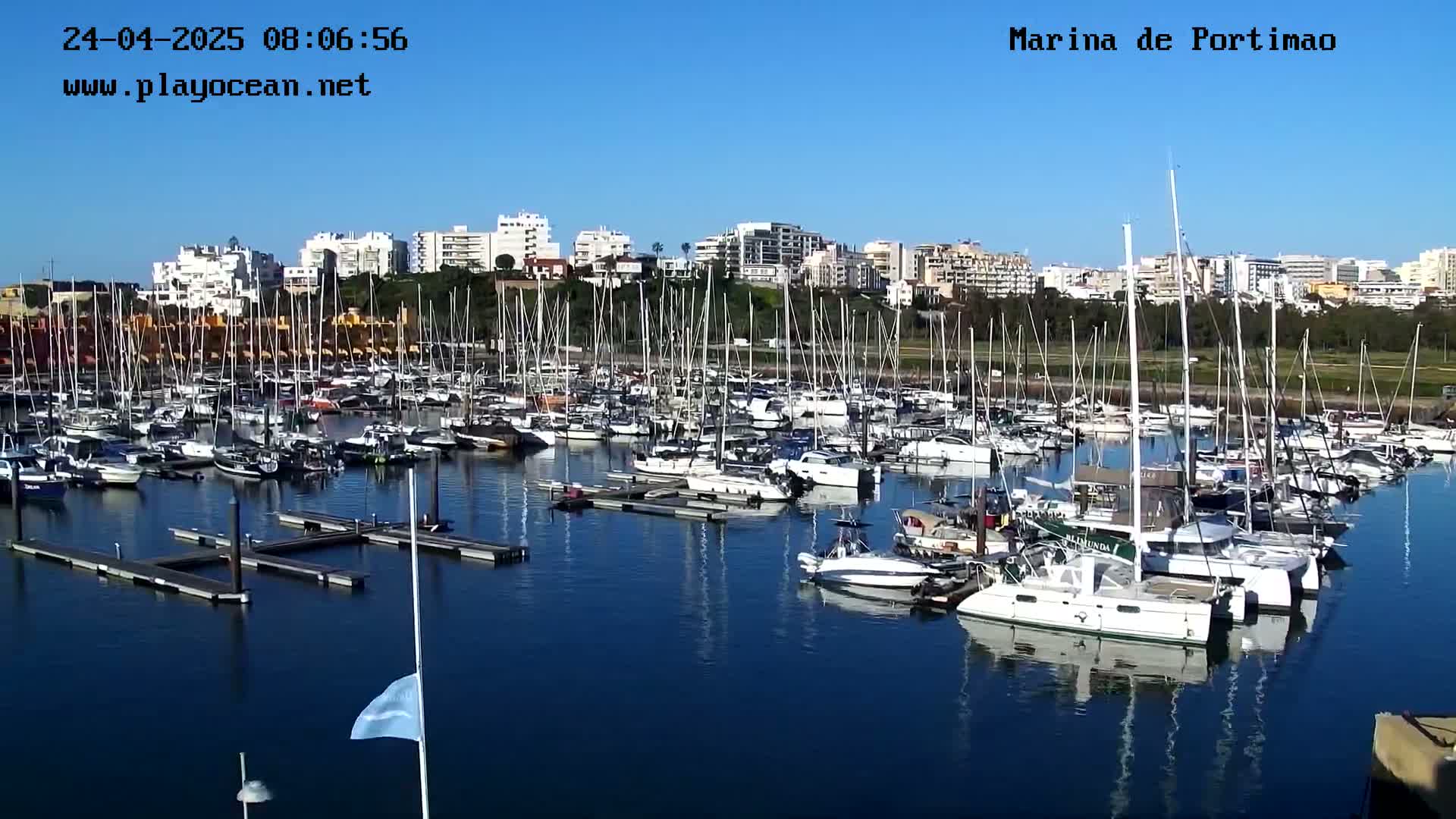 A marina filled with numerous sailboats and motorboats is seen on a sunny day, with a cityscape in the background.