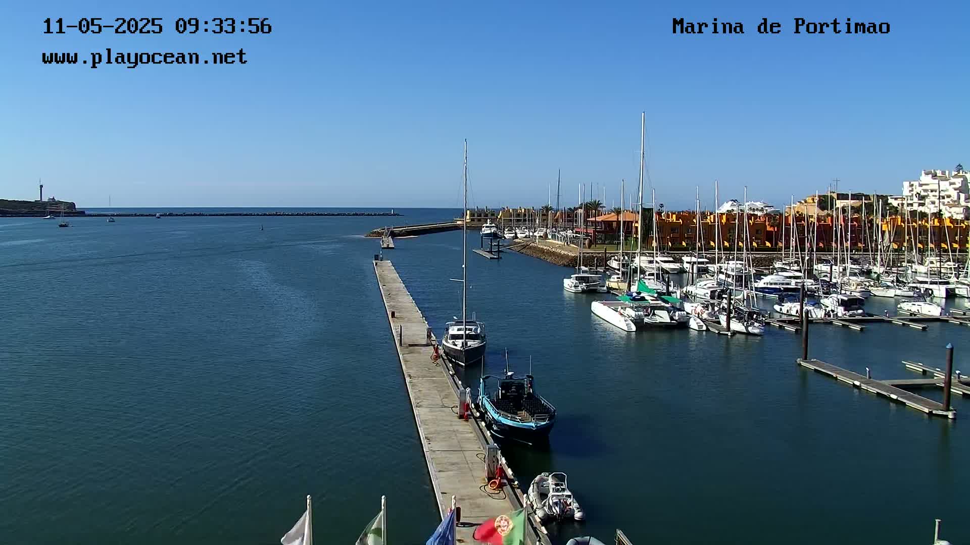 A marina filled with sailboats and motorboats on a sunny day, with a long pier extending from the shore into the water.