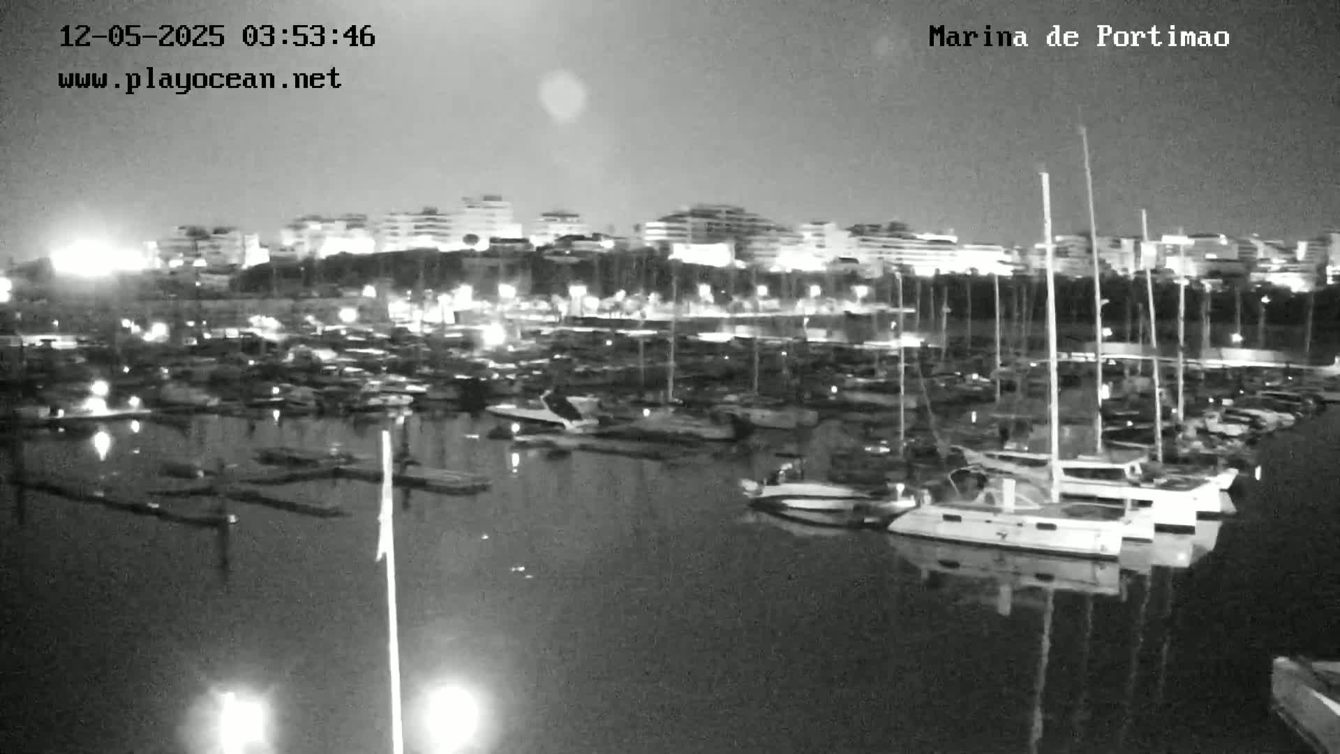 A nighttime, low-light view of a marina filled with numerous boats and yachts, with a city skyline visible in the background.