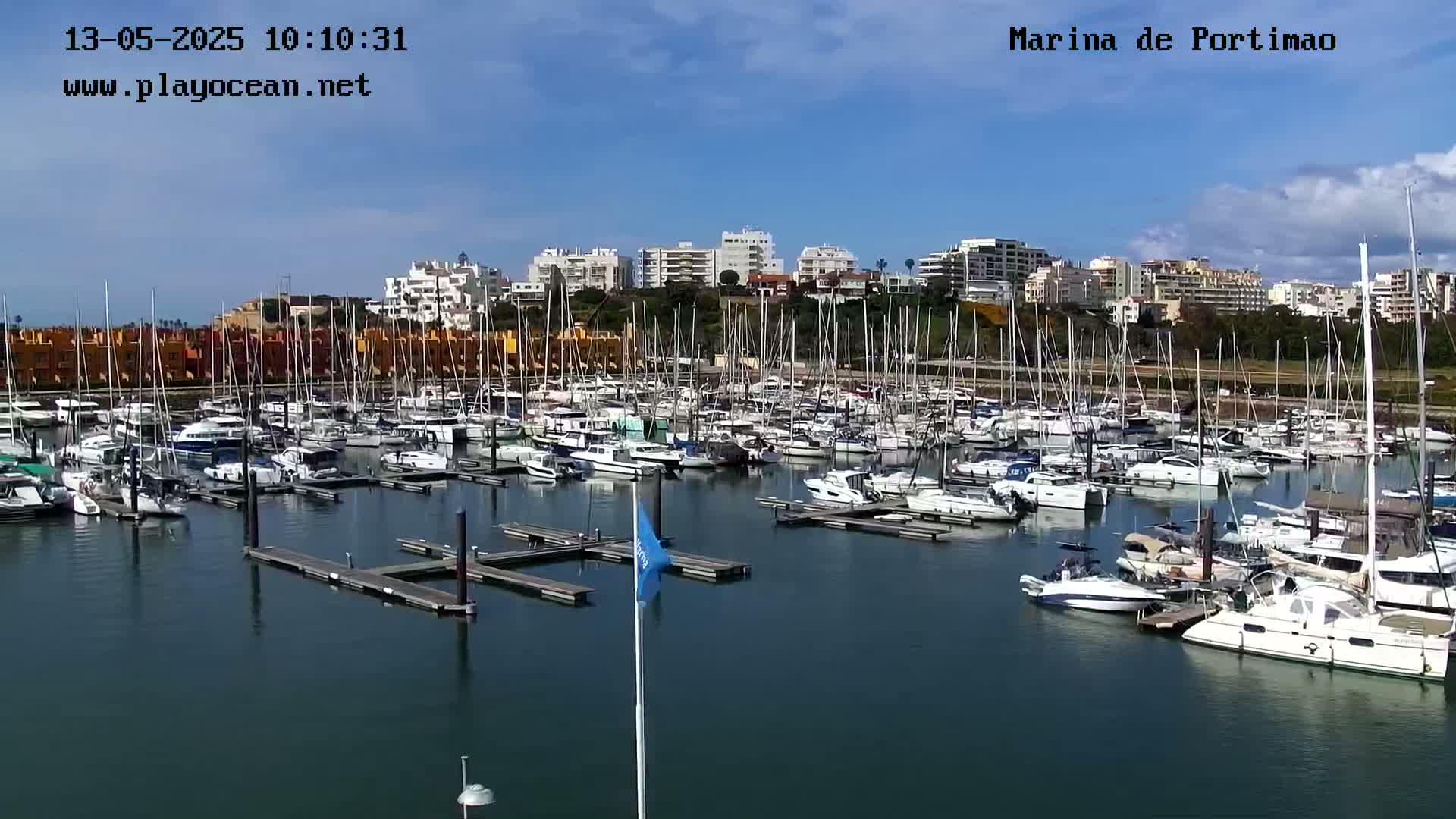 A marina filled with numerous sailboats and motorboats is situated in front of a waterfront city under a mostly sunny sky.