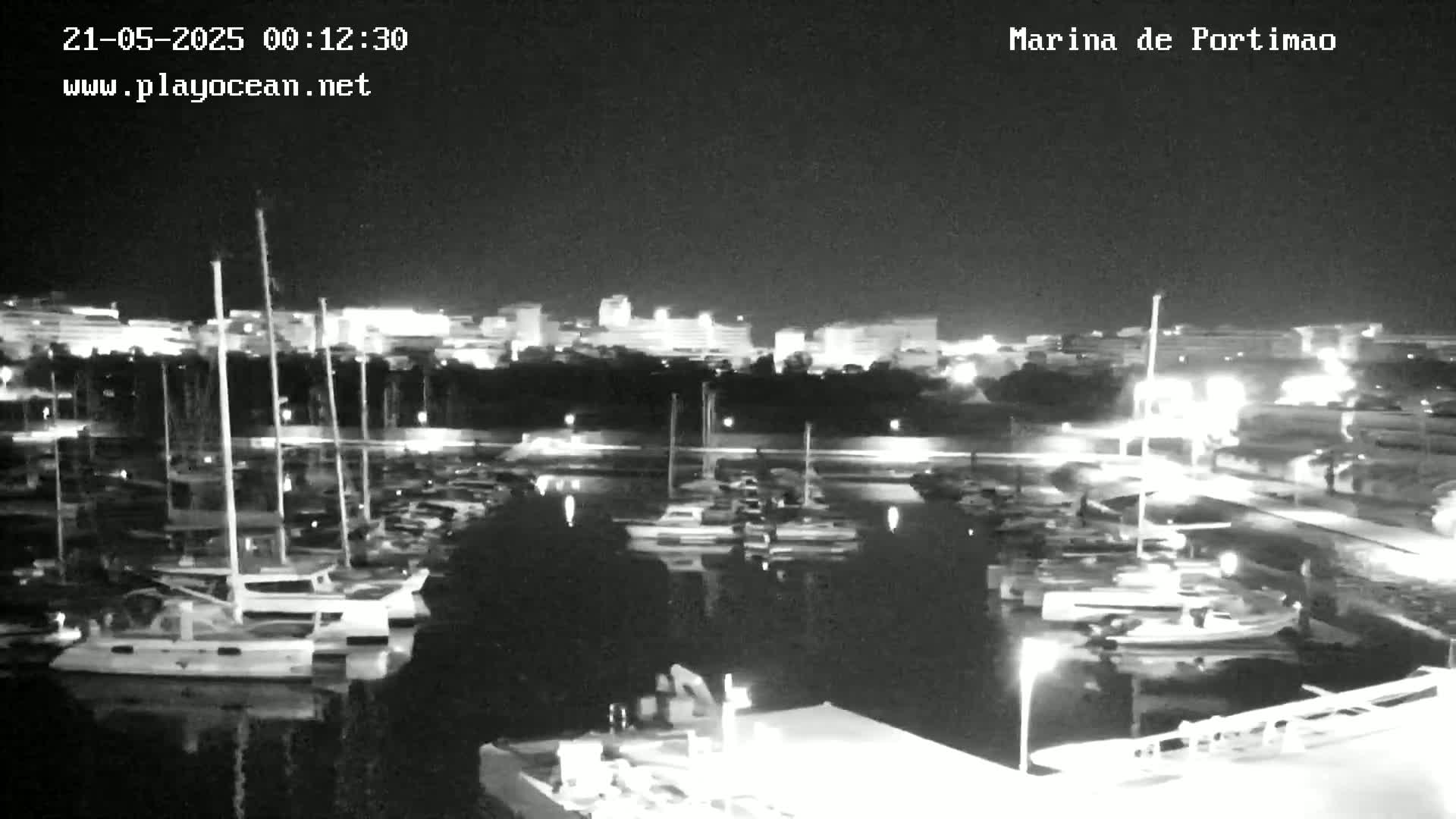 A nighttime, black and white view of a marina filled with numerous boats, with a city skyline illuminated in the background.