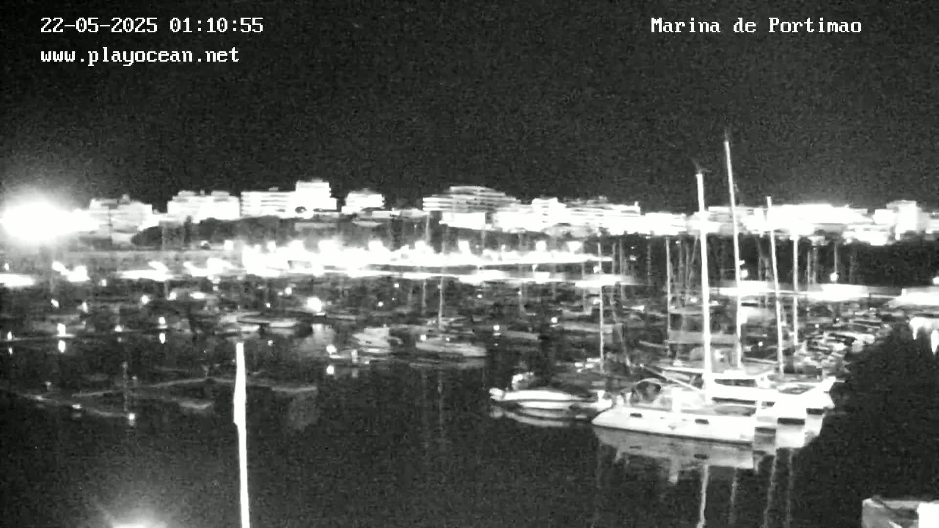 A nighttime, low-light view of a marina filled with many boats moored at the docks, with buildings lit up in the background.