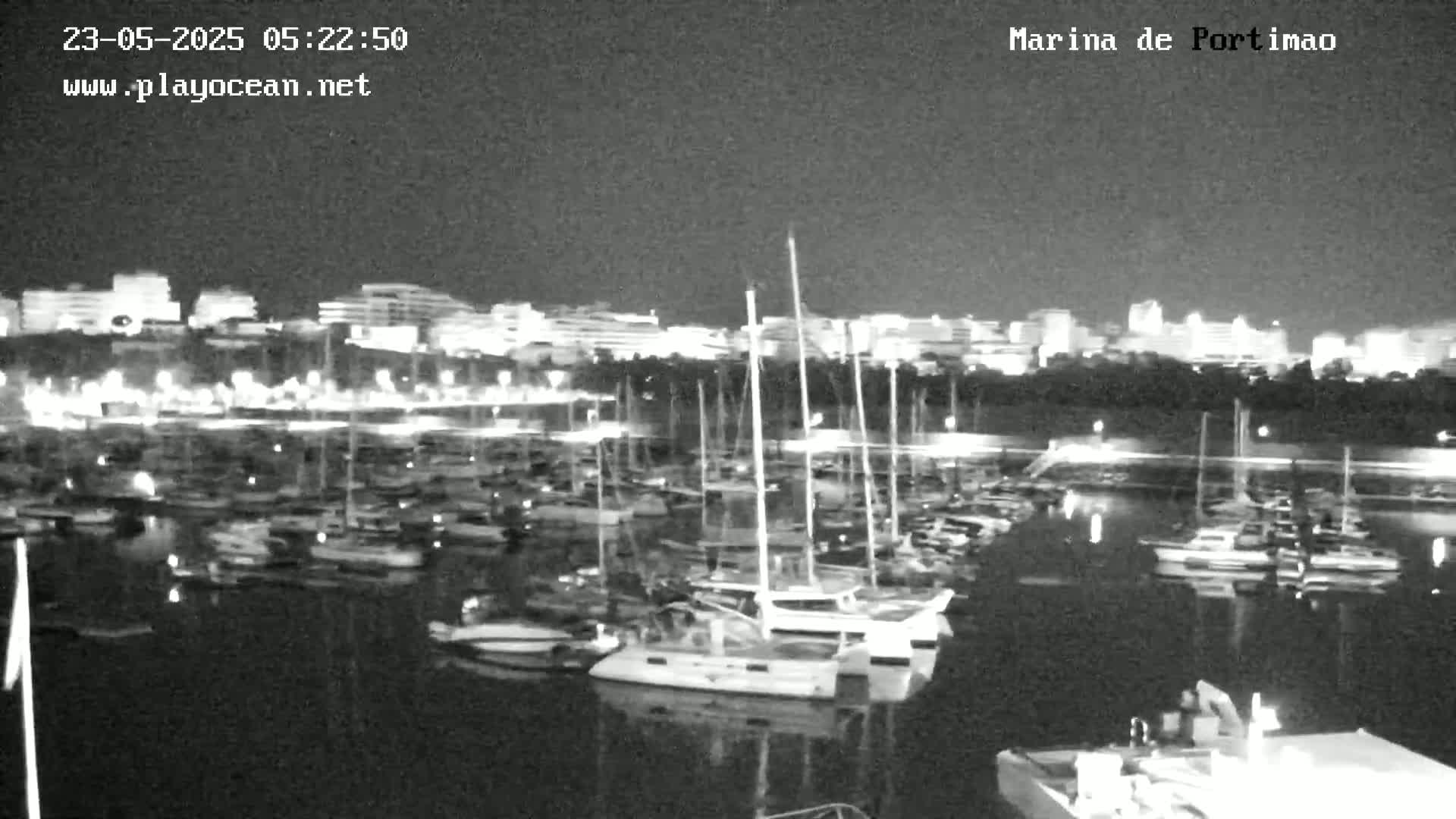 A nighttime, low-light view of a marina filled with sailboats, with a city skyline illuminated in the background.