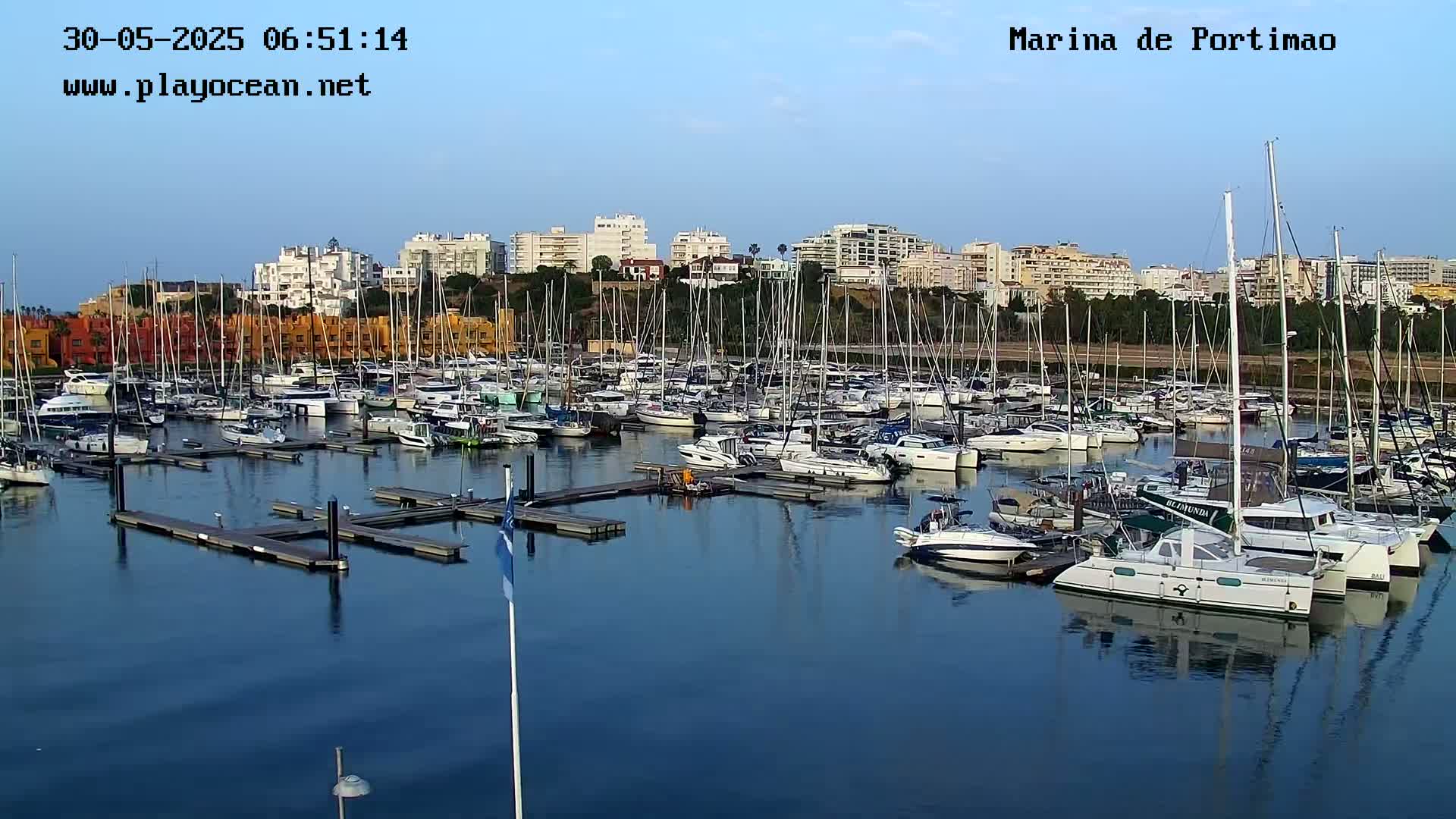 A marina filled with numerous sailboats and motorboats is nestled against a backdrop of buildings under a clear, light-blue sky.