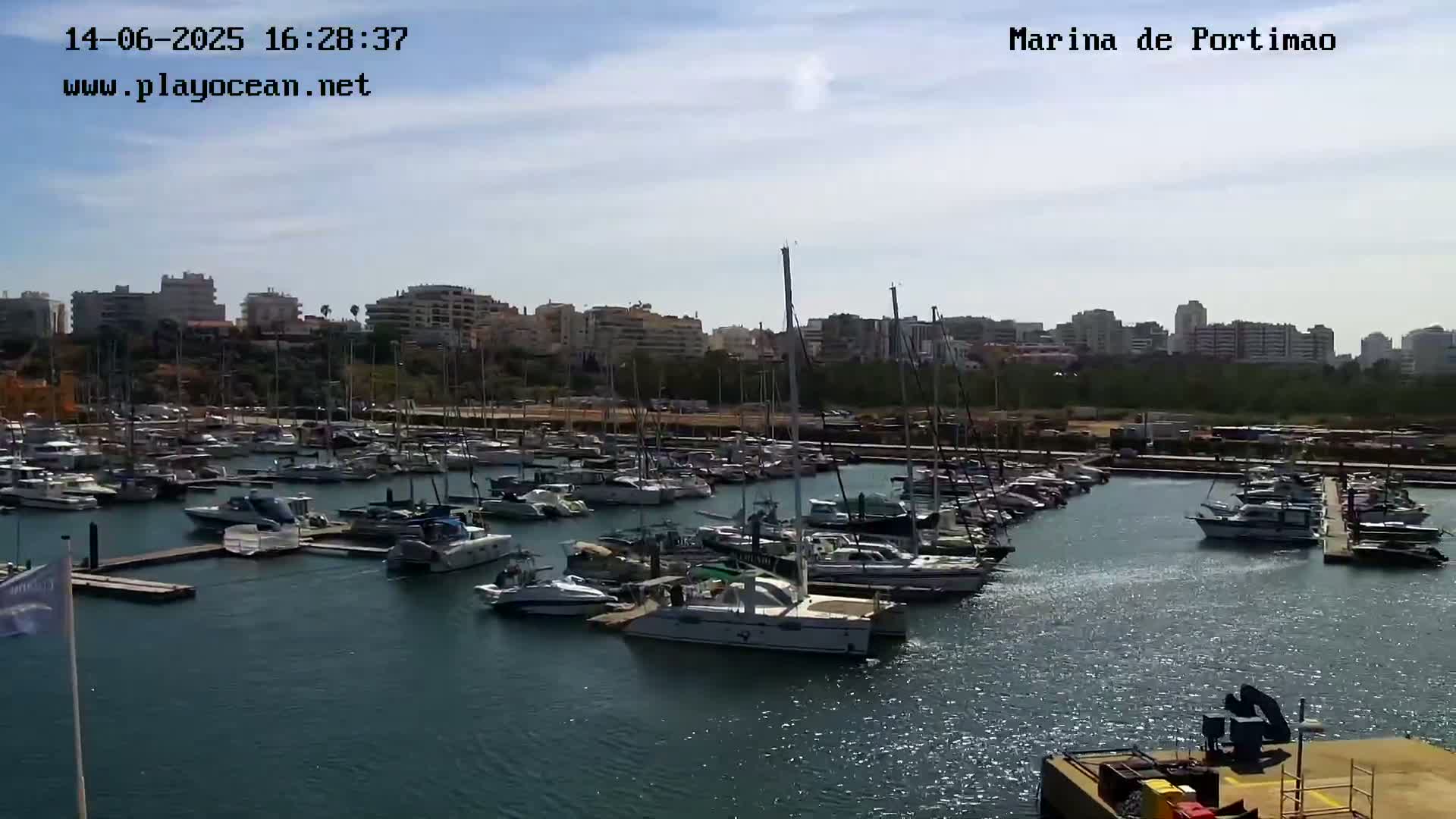 A marina filled with numerous boats and yachts is situated near a city skyline under a partly cloudy sky.