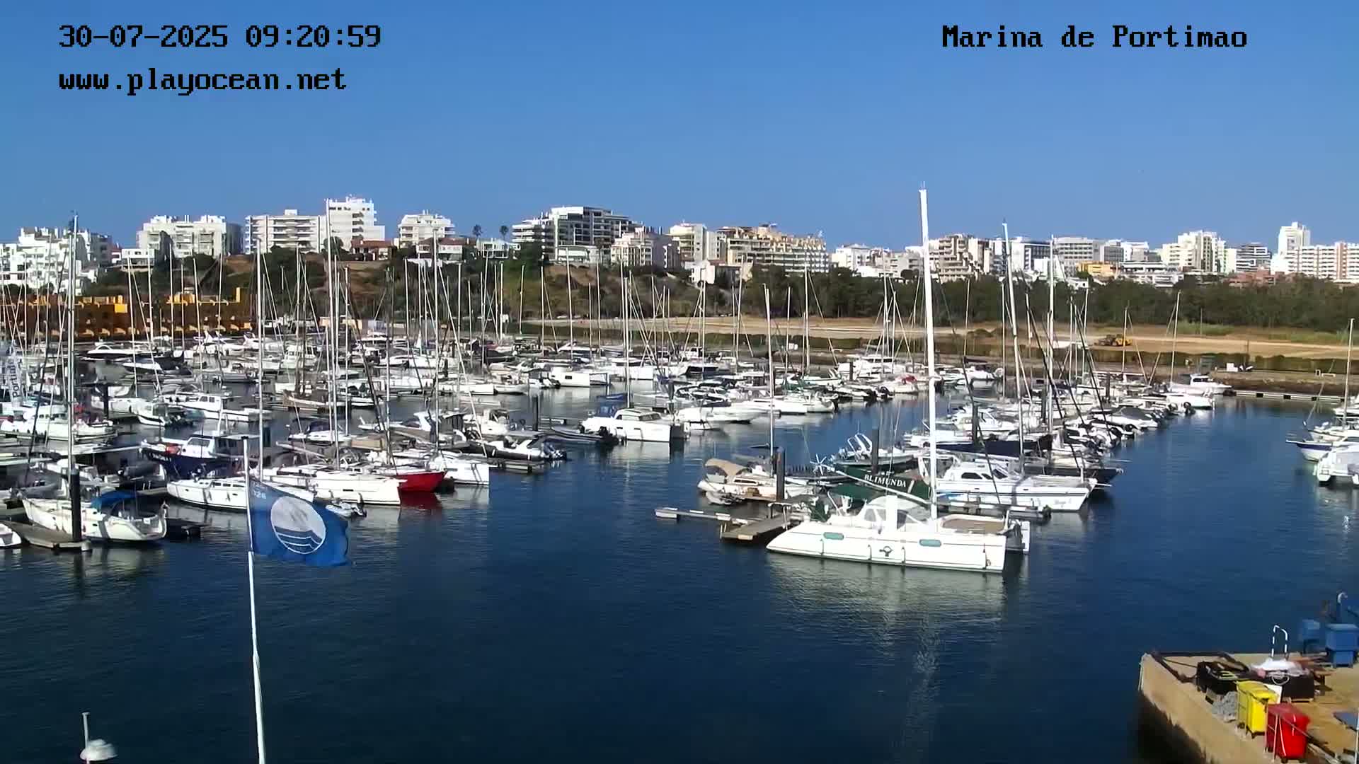 A marina filled with numerous sailboats and motorboats is situated under a clear blue sky on a sunny day.
