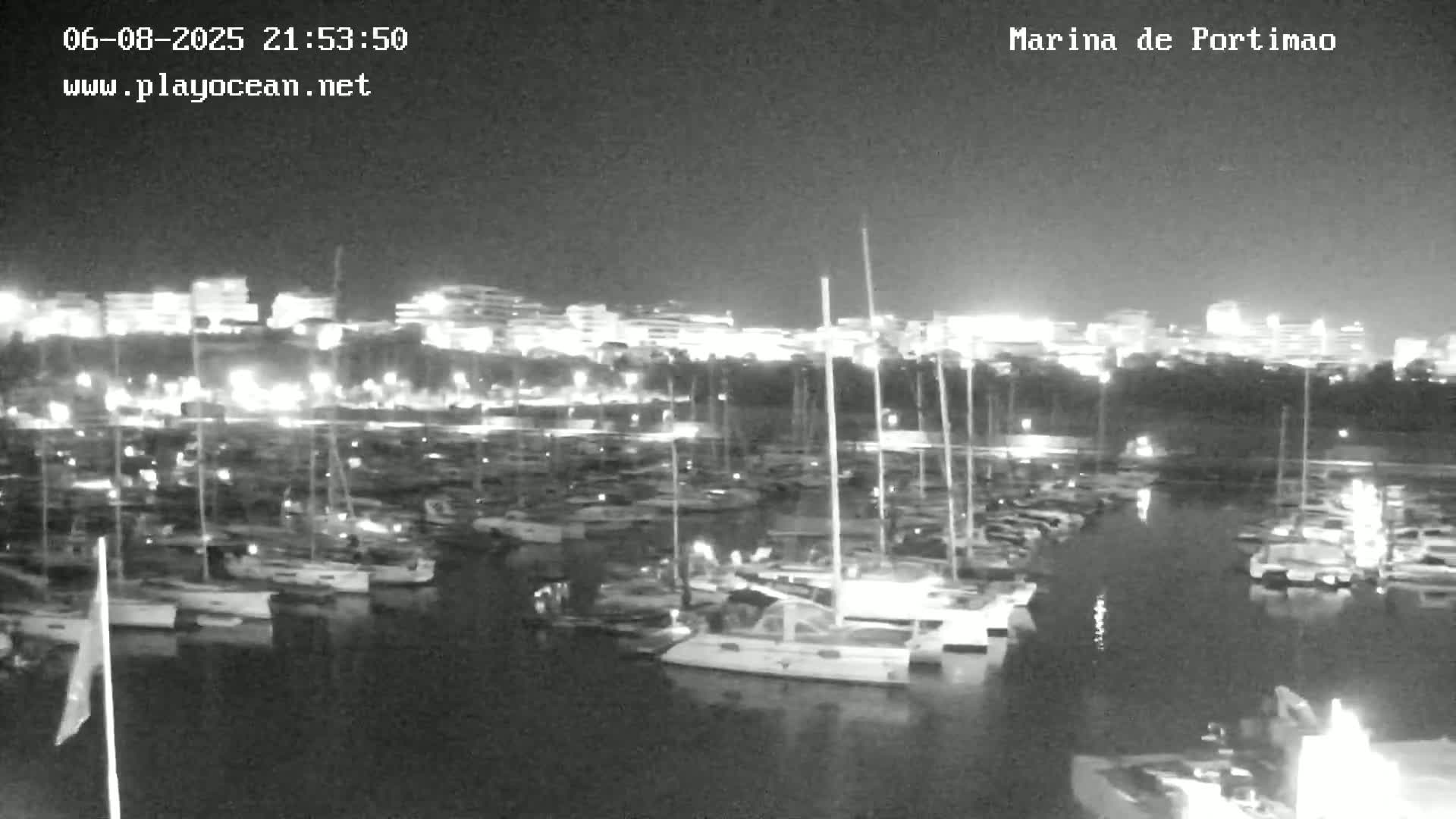 A nighttime view of a marina filled with numerous boats, with a brightly lit town visible in the background under a clear sky.