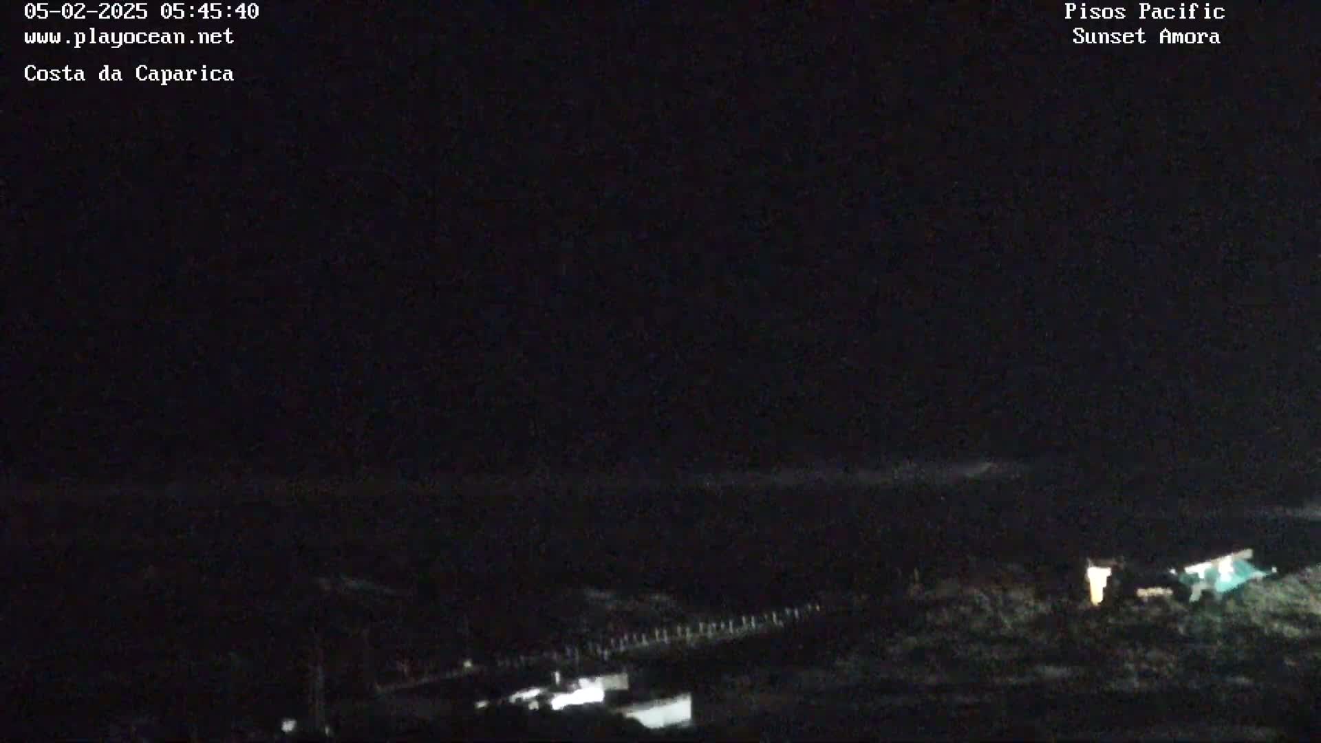 A dark, nighttime coastal scene shows a dimly lit shoreline and a dark ocean under a clear, starless sky.